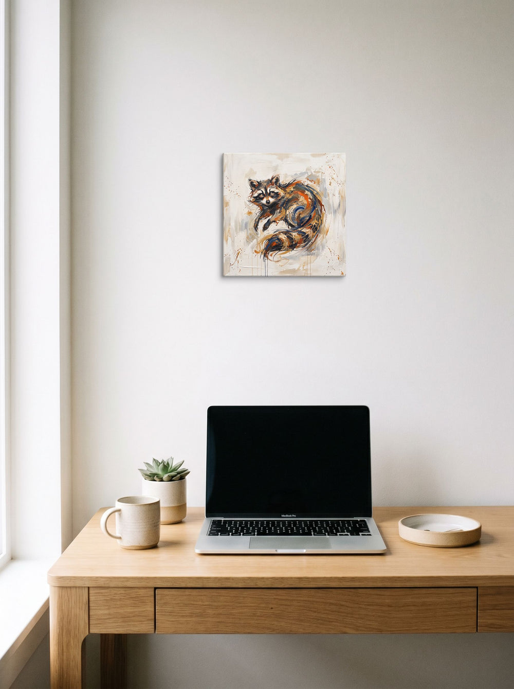 'Azeban the Mischievous' in 12x12 inch canvas, displayed over a compact desk setup.