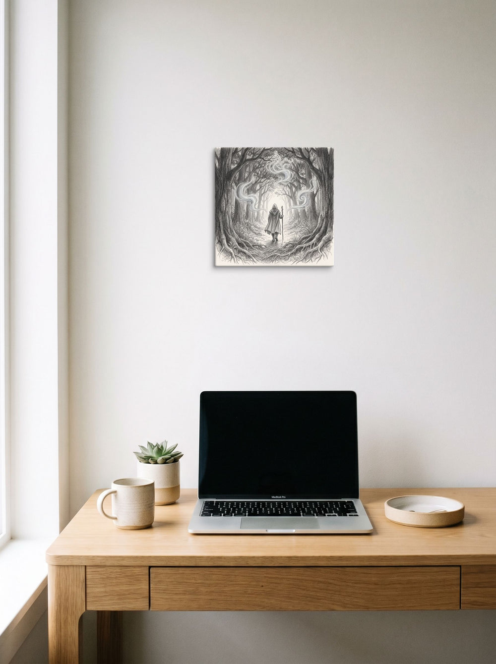 'Whispers of the Ancient Forest' as a canvas print, 12x12 inch, styled above a home-office workspace.