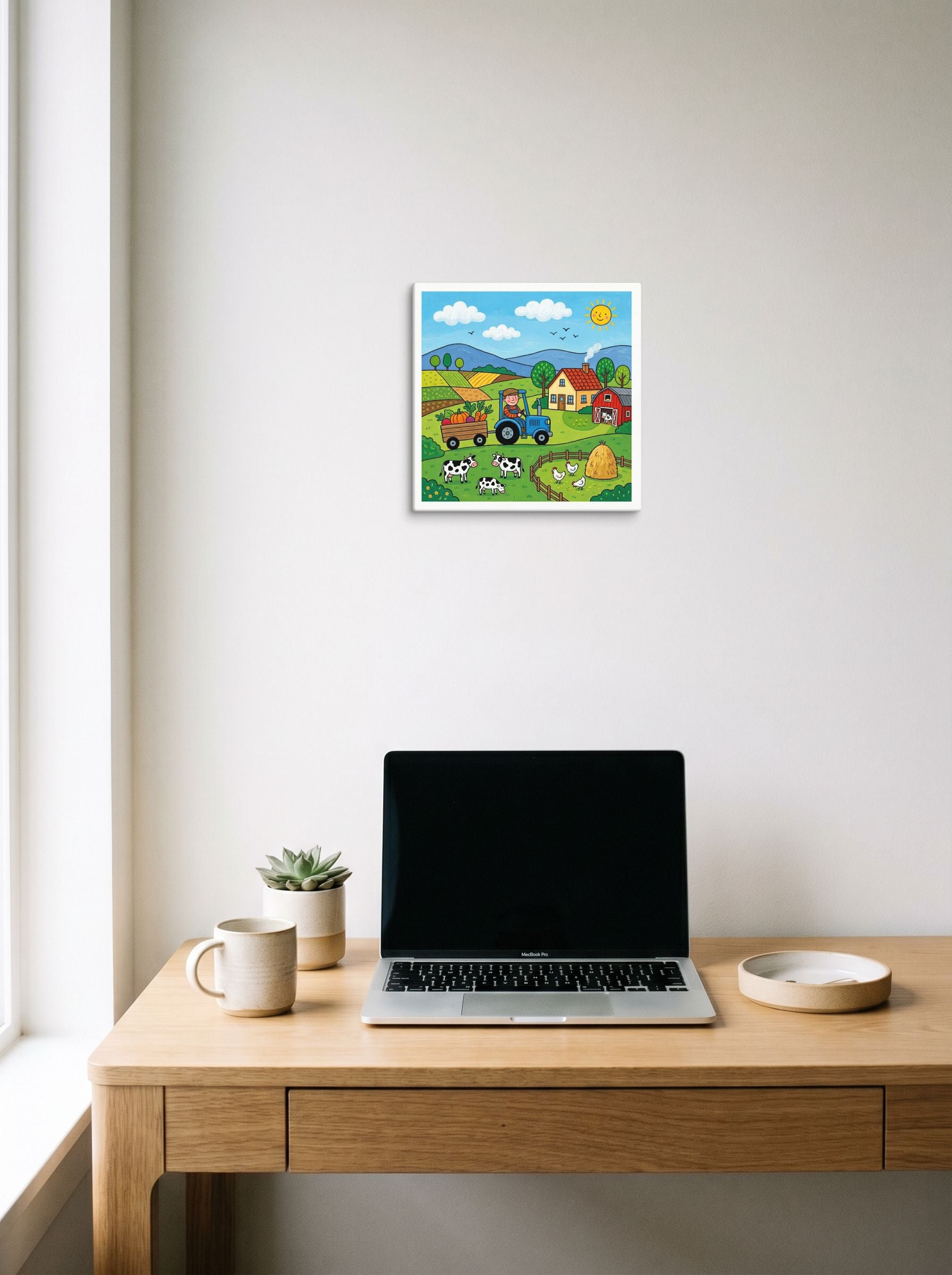 A 12x12 inch canvas Naive art print of 'A Day on the Farm' hanging above a worktable with a laptop.
