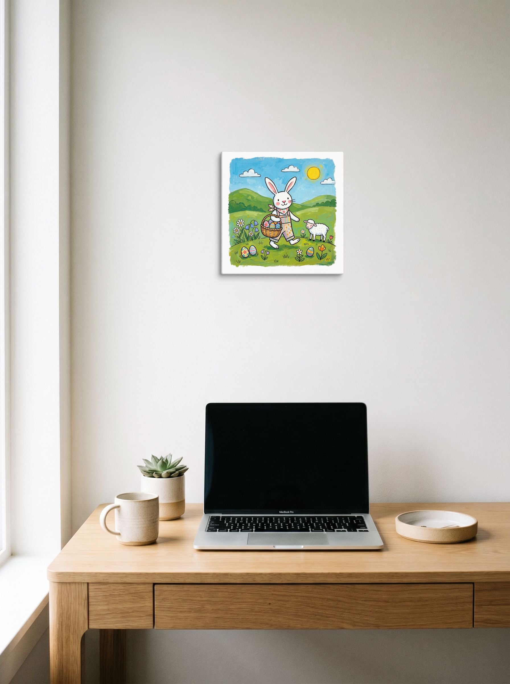 A 12x12 inch canvas Naive art print of 'Easter Bunny Stroll' hanging above a worktable with a laptop.