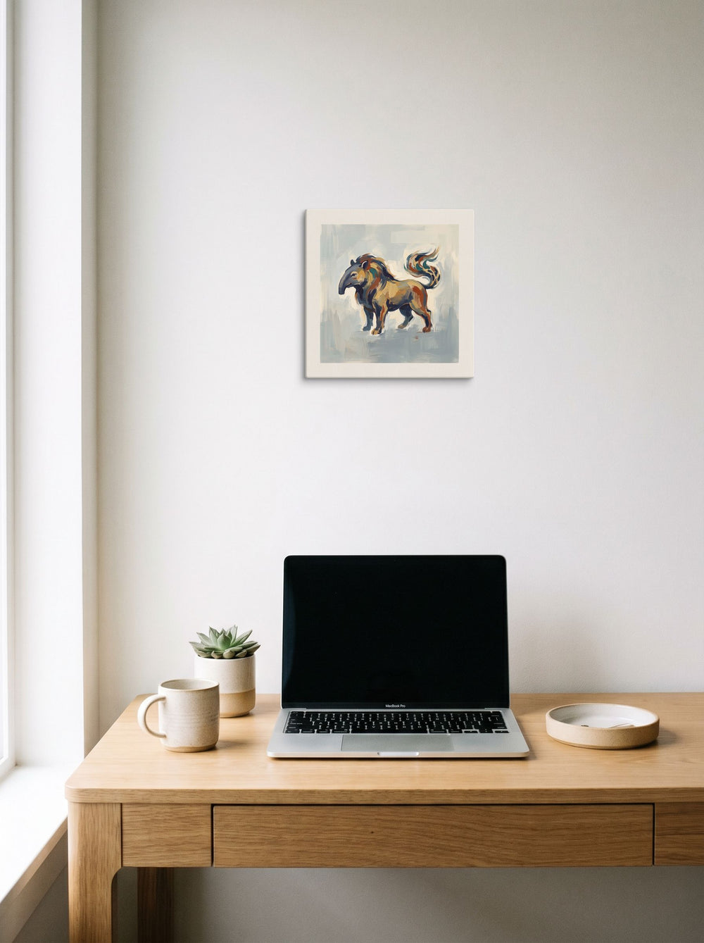 The Folk art print 'Baku the Dream Eater', 12x12 inch canvas, displayed over a compact desk setup.