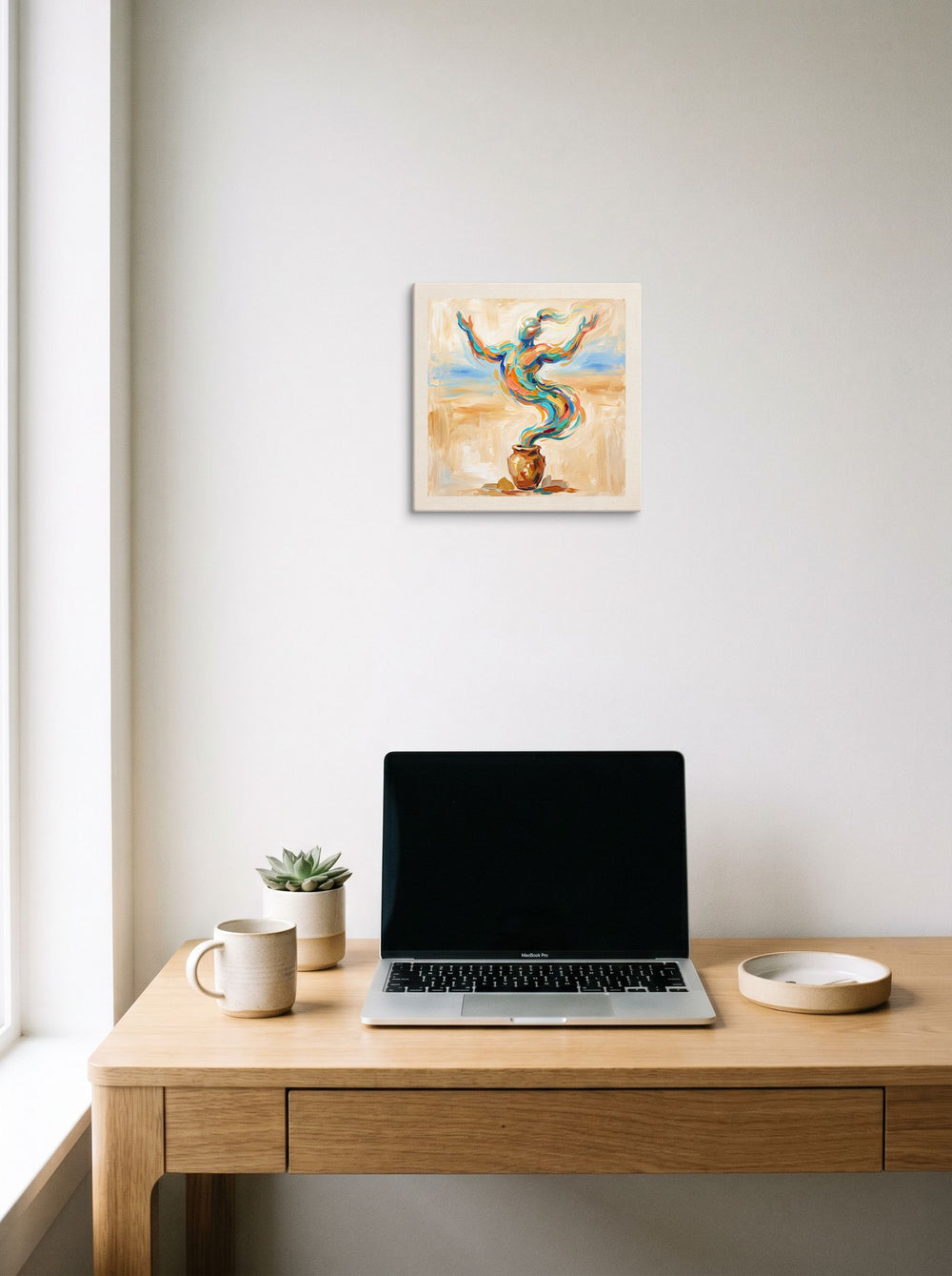 'Rise of the Djinn' in 12x12 inch canvas, styled above a home-office workspace.