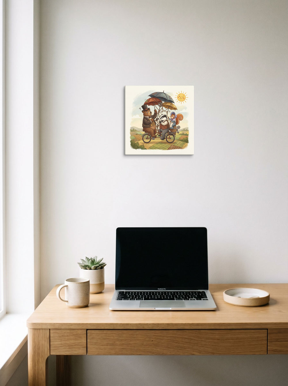 Animation wall art 'The Peculiar Journey', canvas at 12x12 inch, displayed over a compact desk setup.