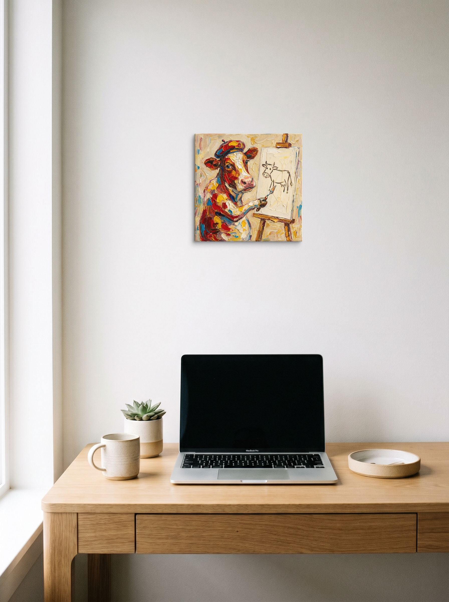 A 12x12 inch canvas Post-Impressionism print of 'The Bovine Artist' hanging above a worktable with a laptop.