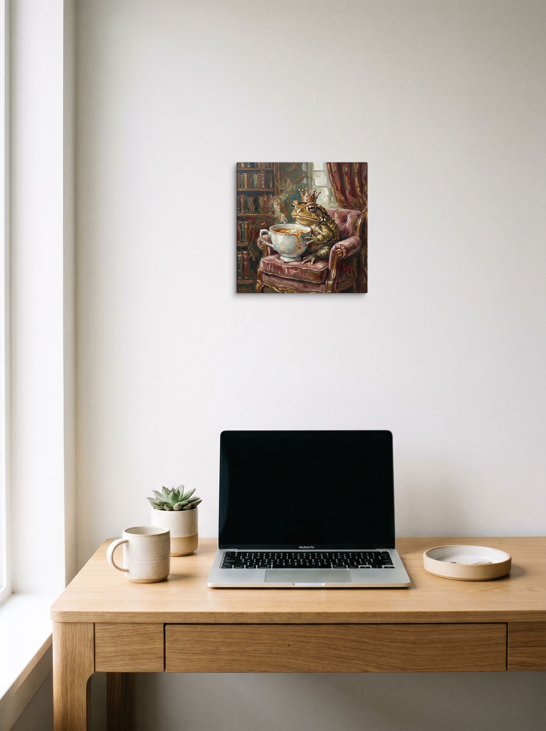 A 12x12 inch canvas Lowbrow,Pop art print of 'Royal Brew' hanging above a worktable with a laptop.