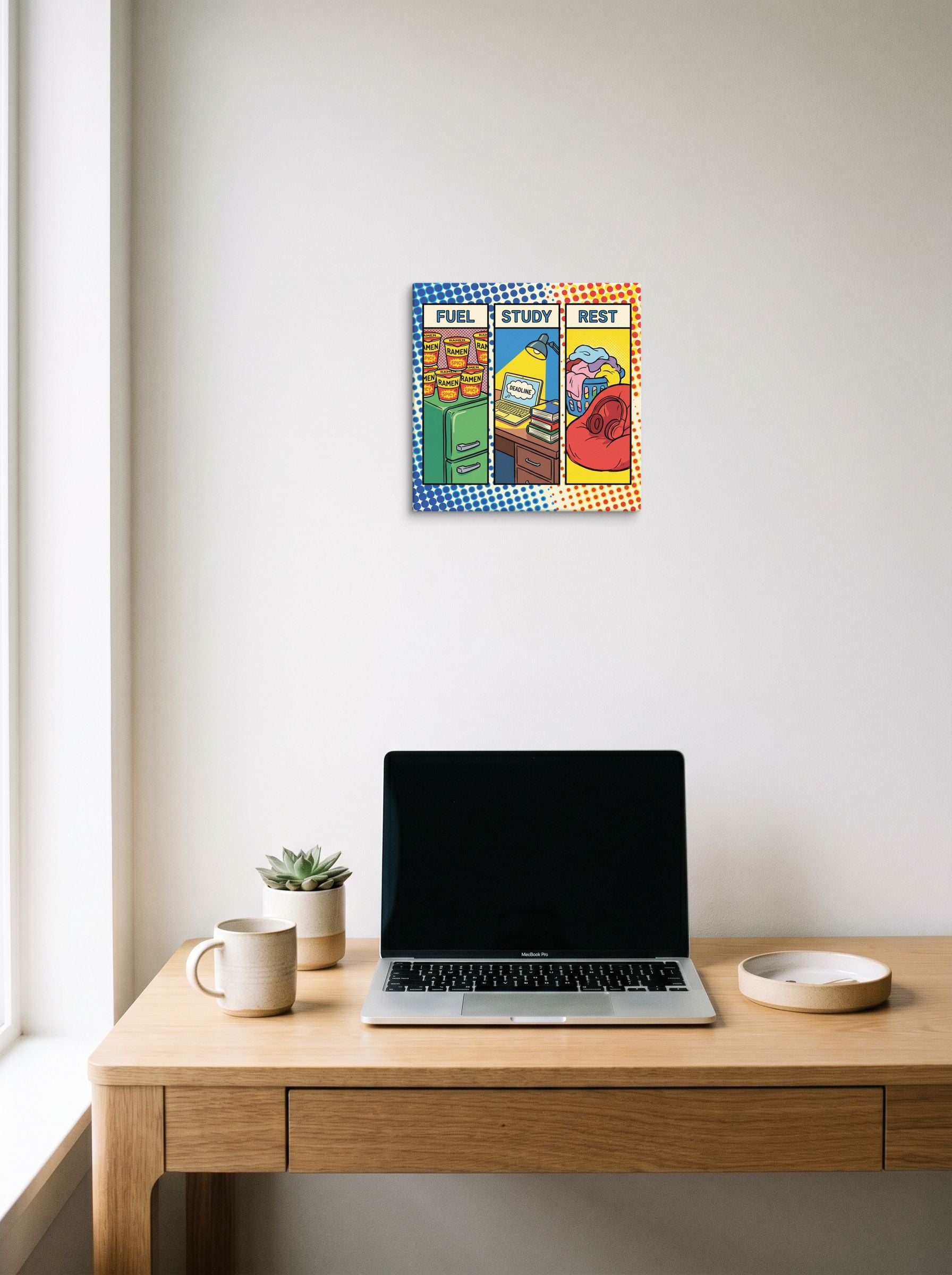 A 12x12 inch canvas Pop art print of 'The College Triad' hanging above a worktable with a laptop.