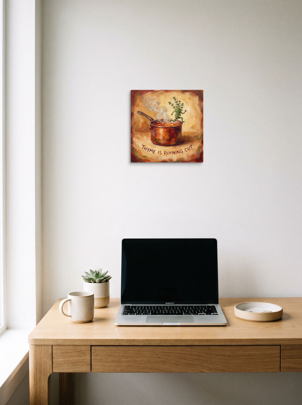 canvas wall art 'Thyme Is Running Out' styled above a home-office workspace, at 12x12 inch.