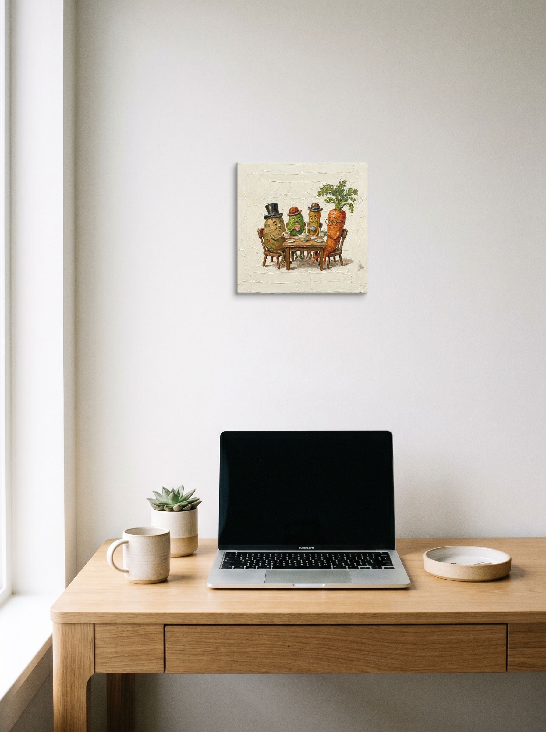 A 12x12 inch canvas Pop art,Lowbrow print of 'A Proper Brew' hanging above a worktable with a laptop.