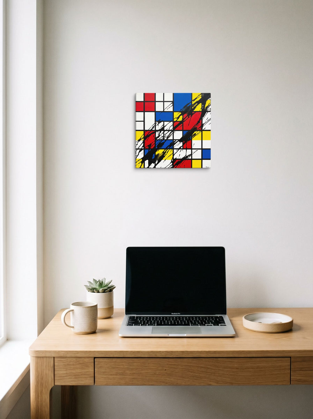 'Disrupted Neoplasticism' hanging above a worktable with a laptop. A 12x12 inch canvas De Stijl (also known as Neoplasticism) print.
