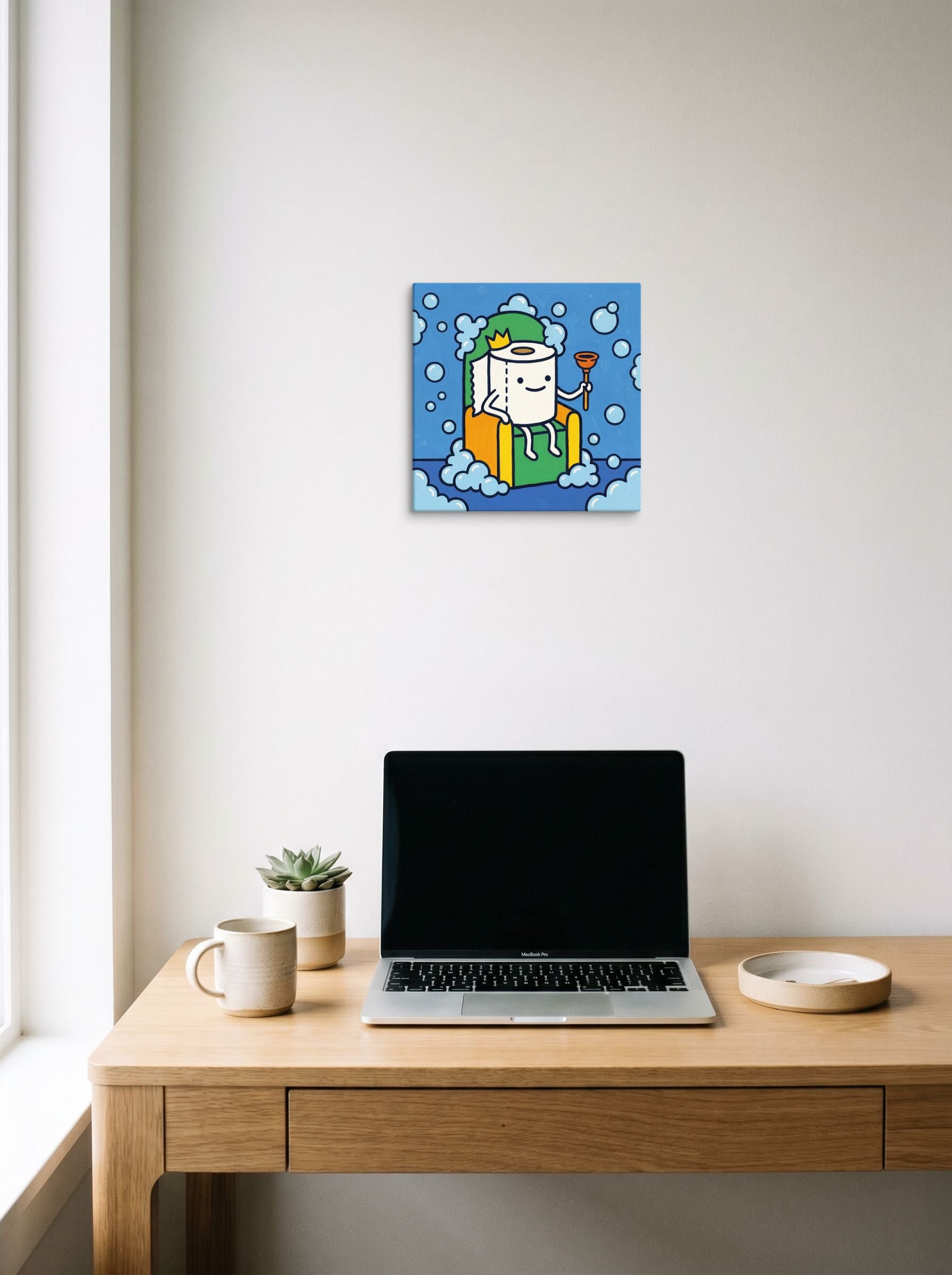 A 12x12 inch canvas Pop art,Cloisonnism print of 'King of the Bathroom' hanging above a worktable with a laptop.
