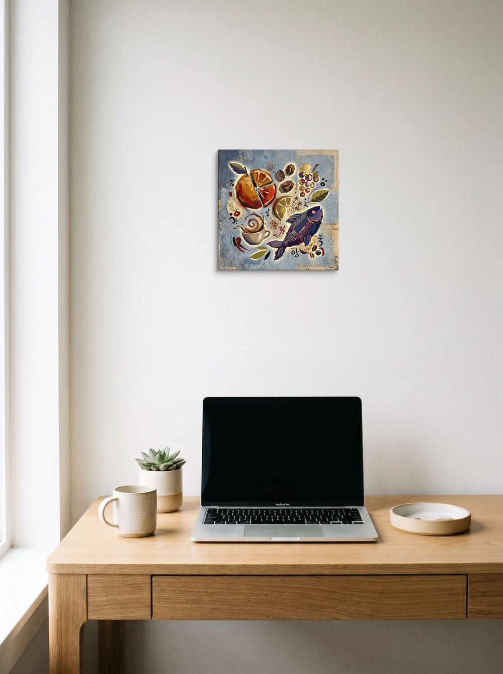 Mockup of 'Surrealist Feast' as a 12x12 inch canvas print, styled above a home-office workspace.