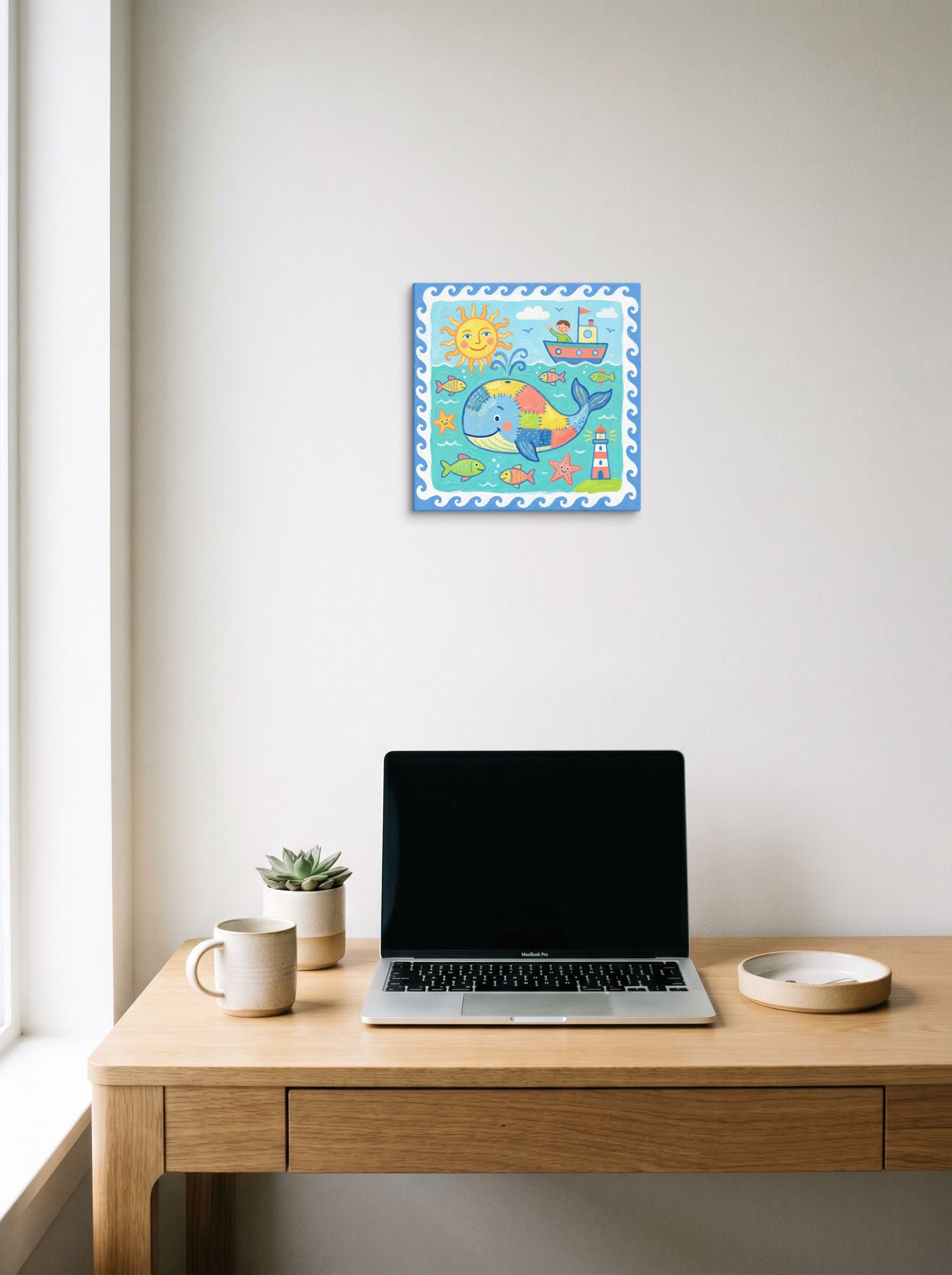 A 12x12 inch canvas Naive art print of 'Patchwork Whale' hanging above a worktable with a laptop.