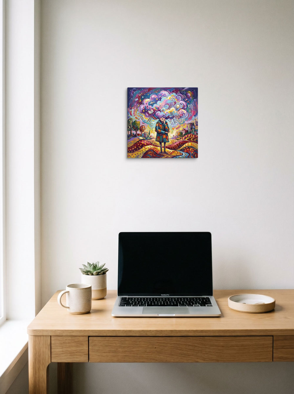 Mockup of 'Mind in the Clouds' as a 12x12 inch canvas print, styled above a home-office workspace.