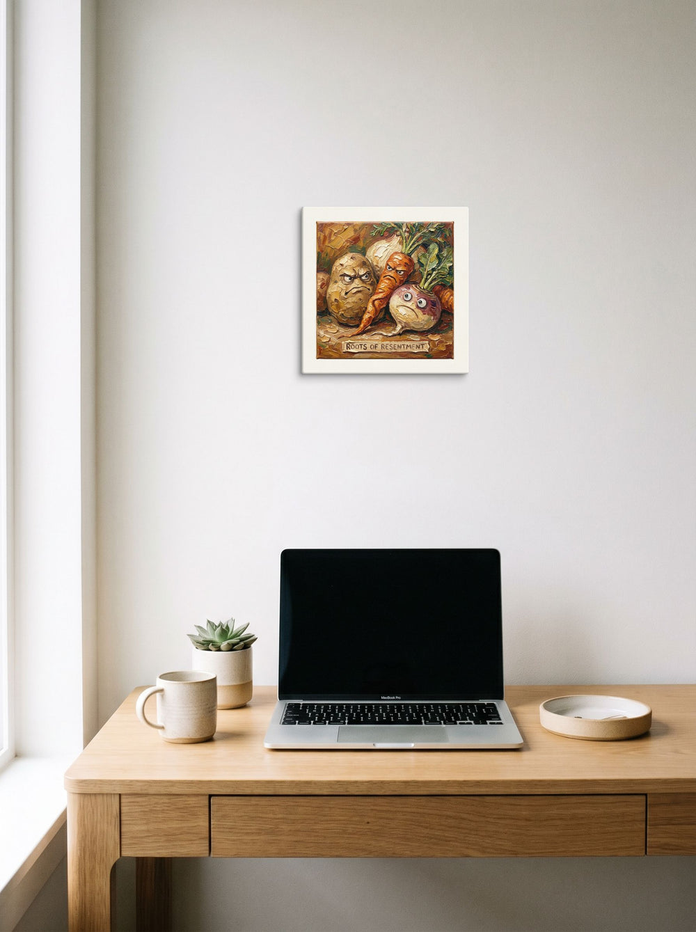 A 12x12 inch canvas Pop art,Lowbrow print of 'Roots of Resentment' hanging above a worktable with a laptop.