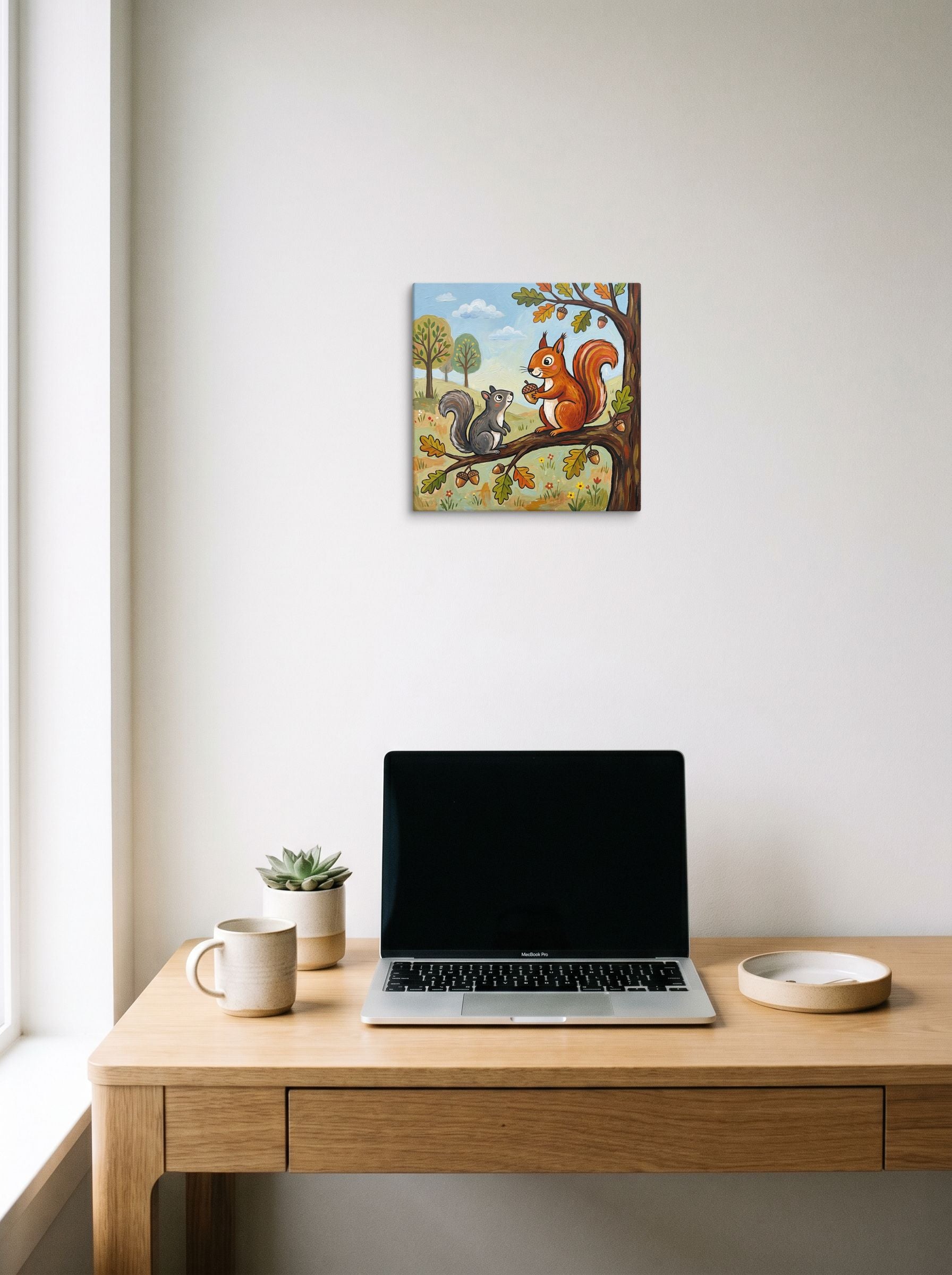 A 12x12 inch canvas Naive art print of 'The Nut Gatherers' hanging above a worktable with a laptop.