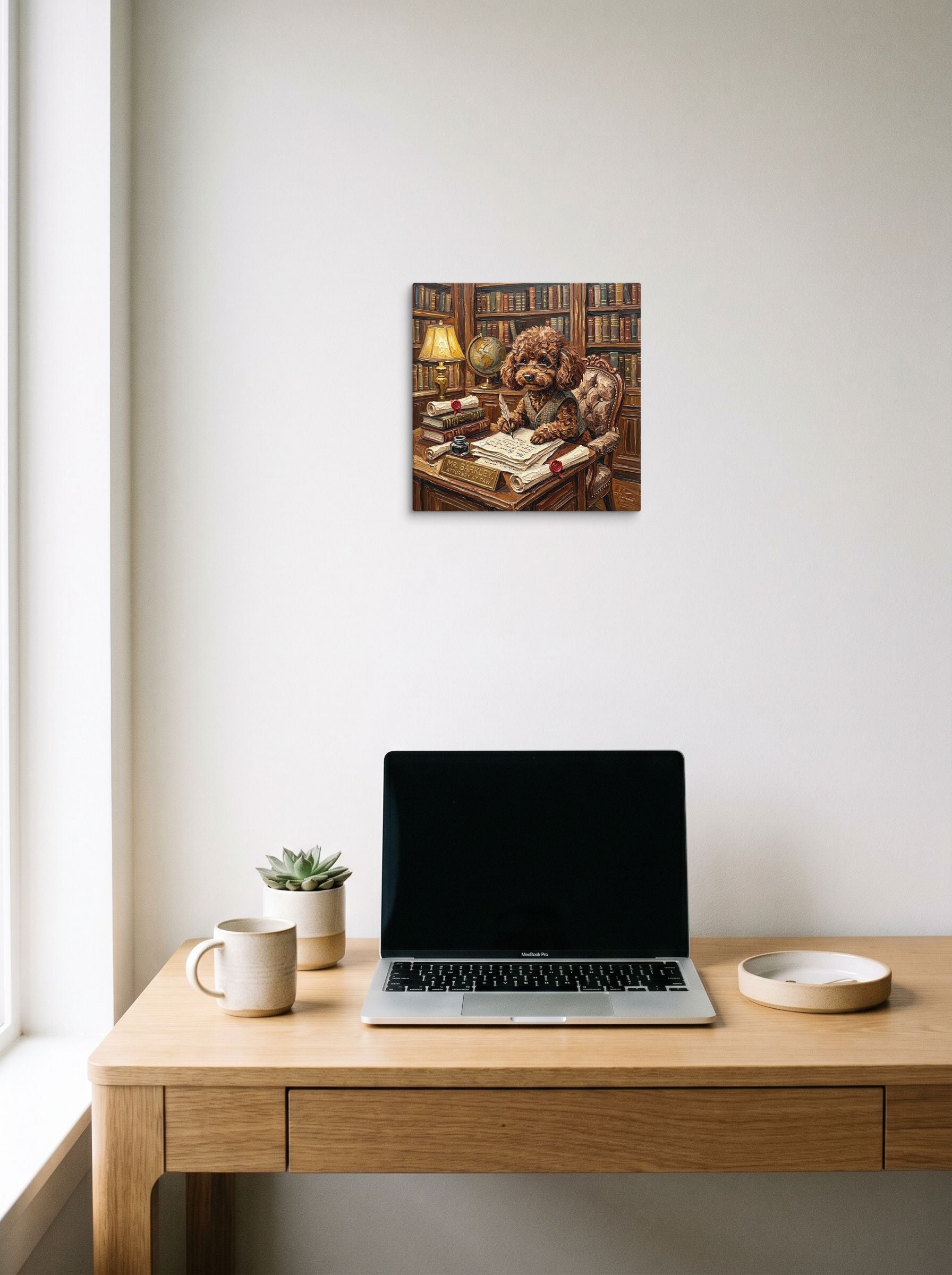A 12x12 inch canvas Expressionism print of 'The Scholar's Treat' hanging above a worktable with a laptop.