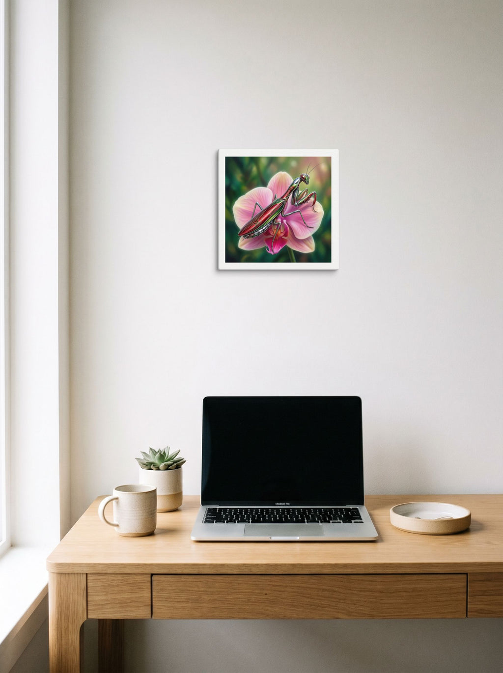 A 12x12 inch canvas Surrealism print of 'Chrome Mantis' hanging above a worktable with a laptop.