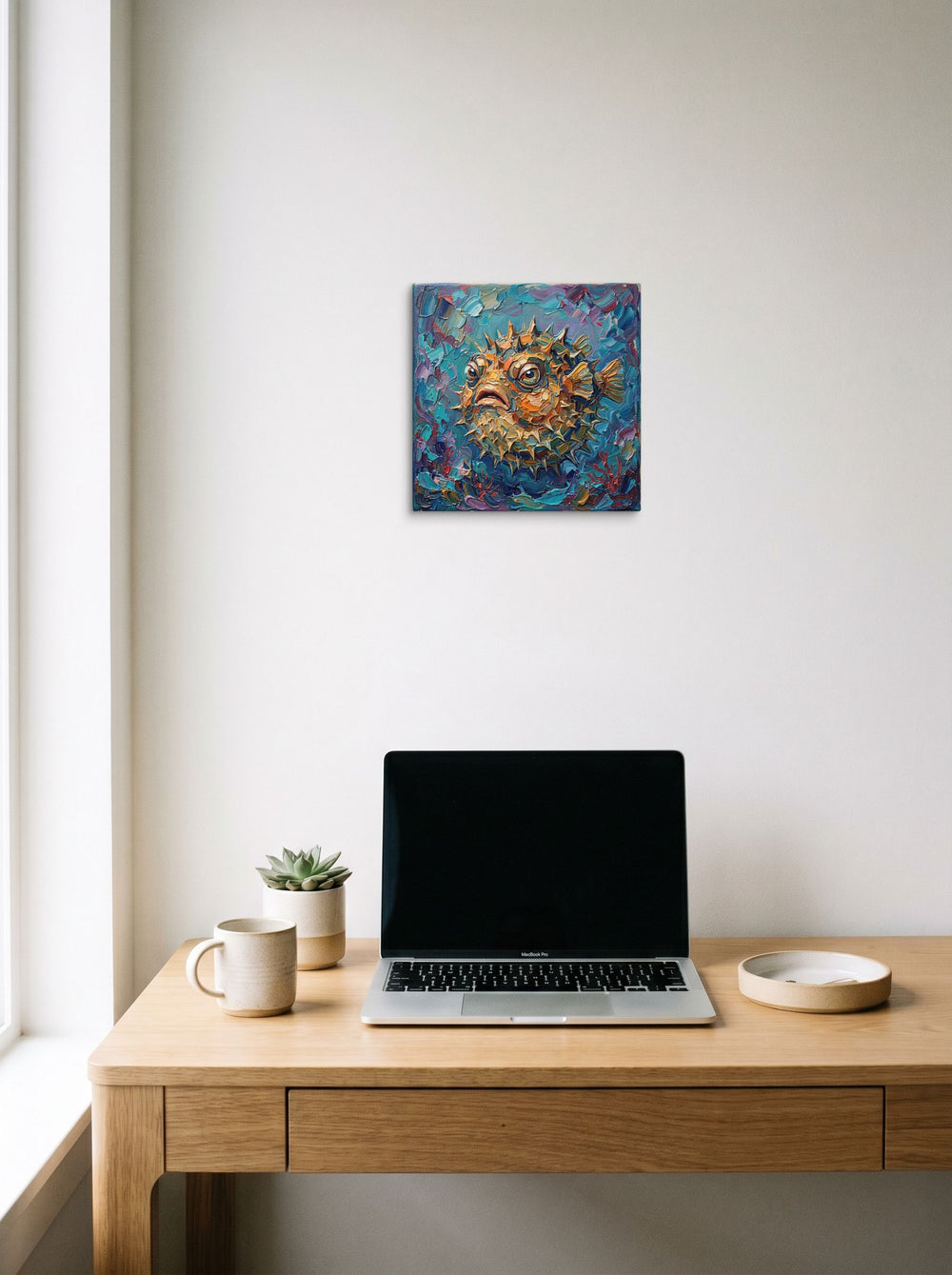 A 12x12 inch canvas Expressionism print of 'The Prickly Puffer' hanging above a worktable with a laptop.