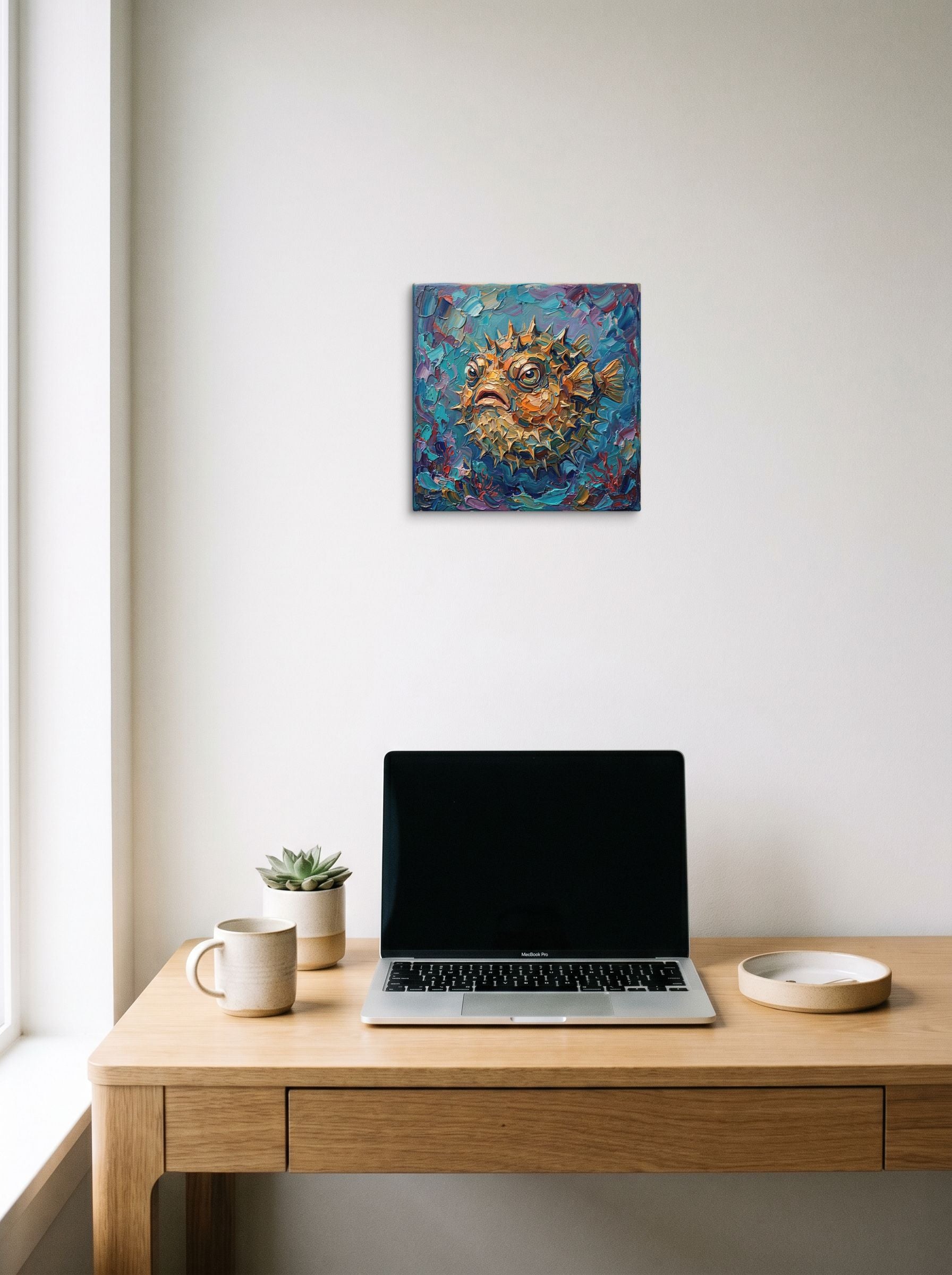 A 12x12 inch canvas Expressionism print of 'The Prickly Puffer' hanging above a worktable with a laptop.