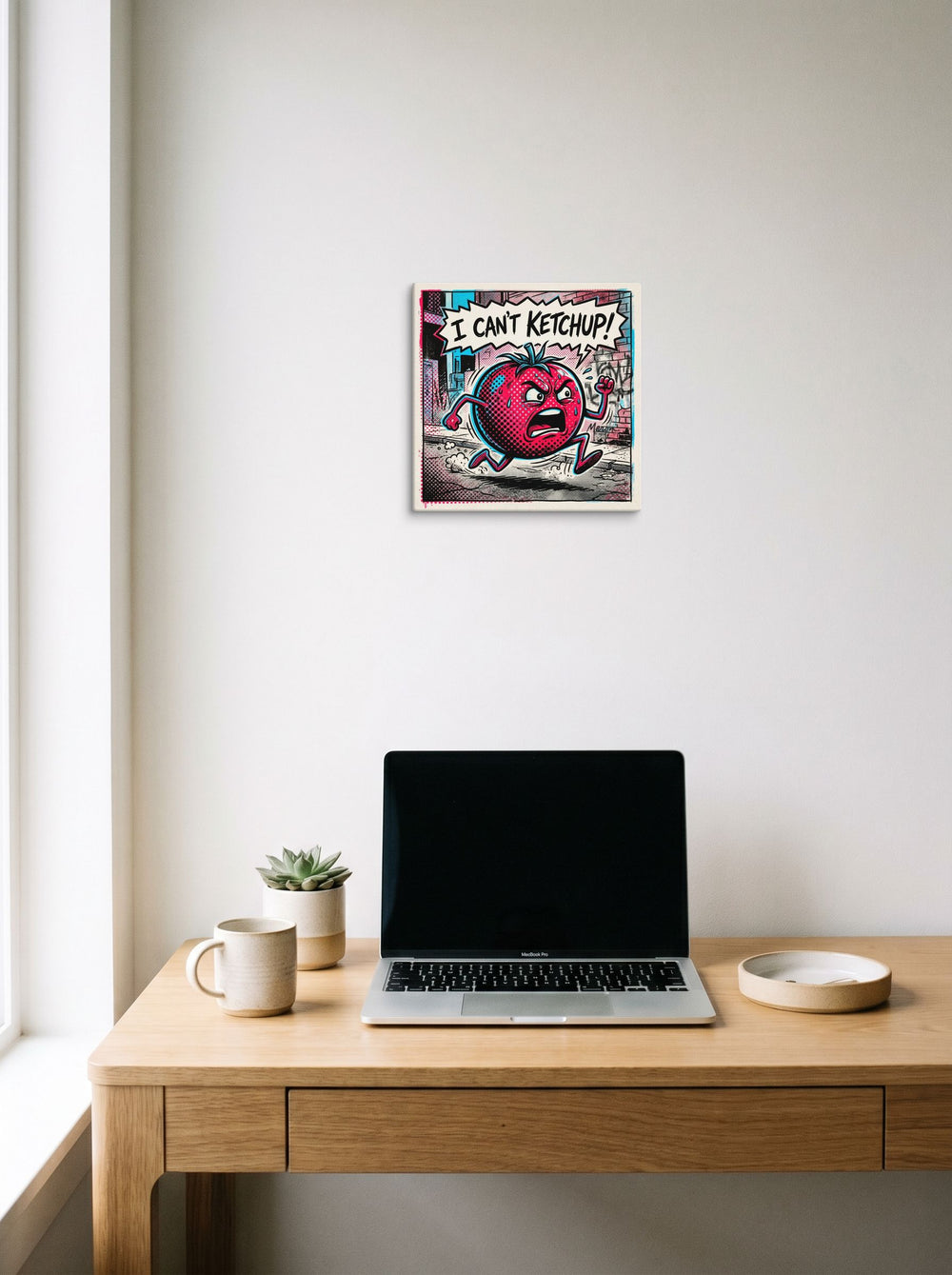 'Can't Ketchup' displayed over a compact desk setup. A 12x12 inch canvas Pop art print.