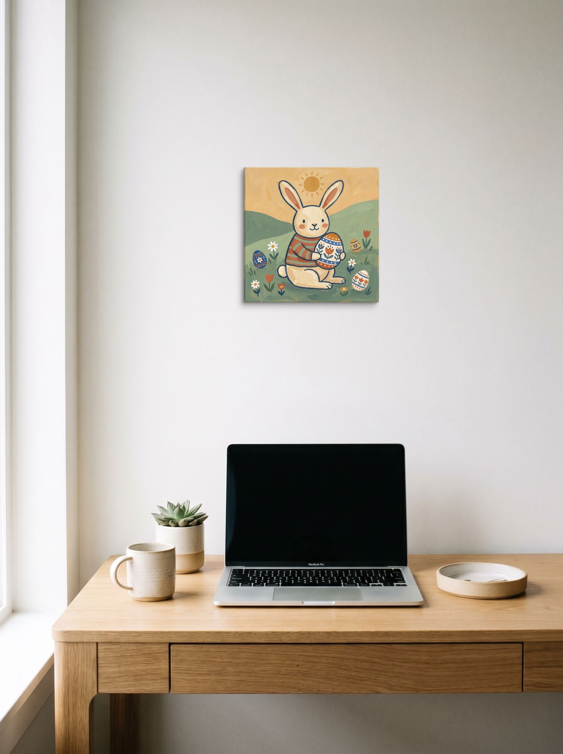 A 12x12 inch canvas Naive art print of 'Springtime Bunny' hanging above a worktable with a laptop.