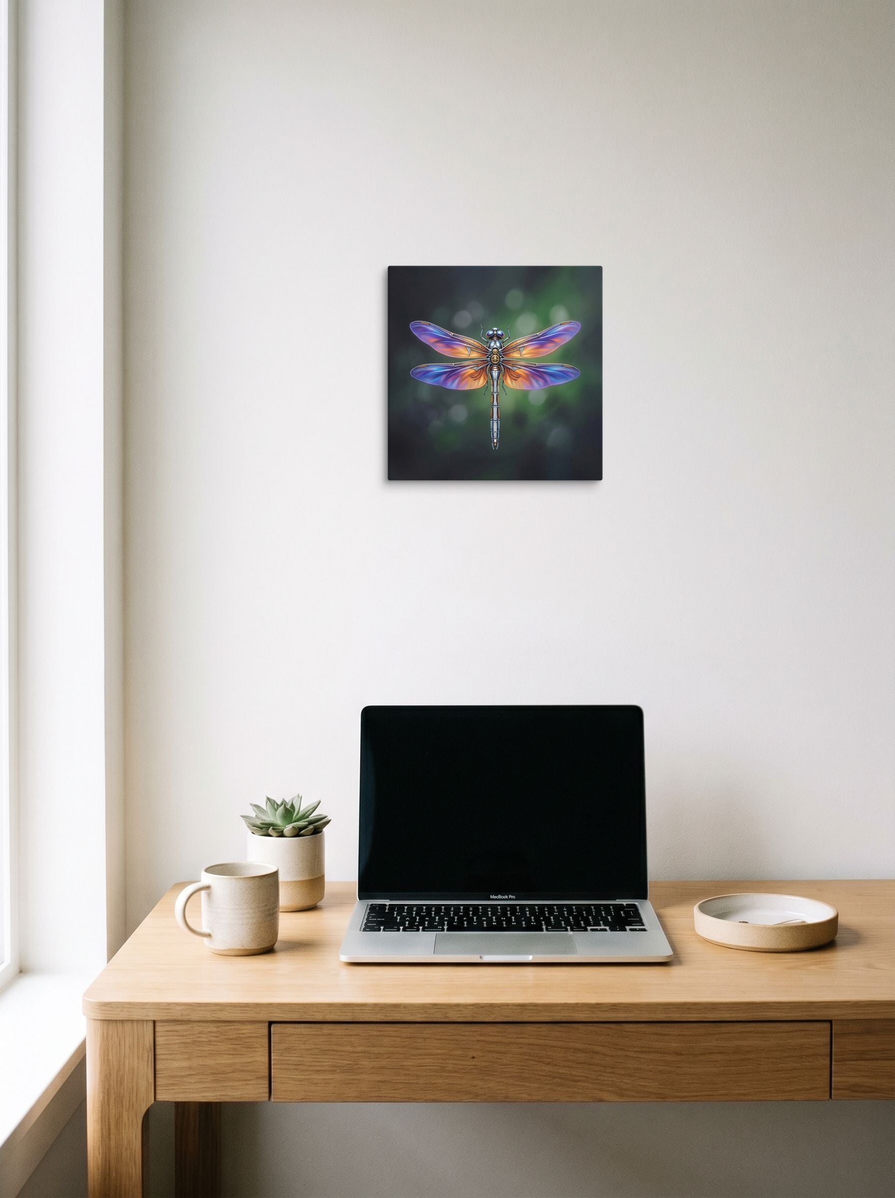 A 12x12 inch canvas Surrealism print of 'Gears of the Dragonfly' hanging above a worktable with a laptop.