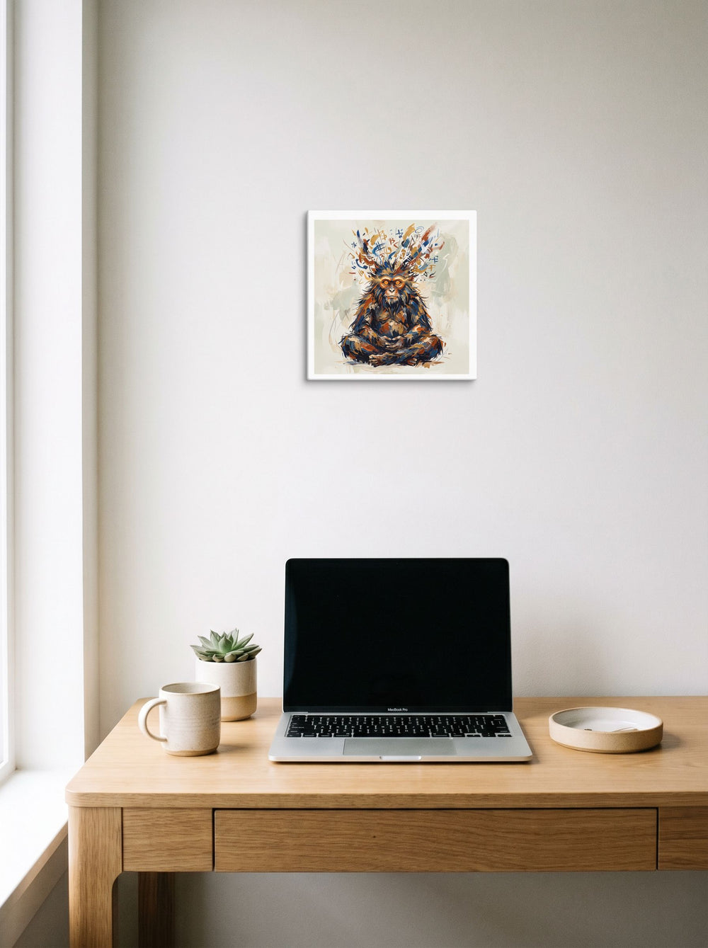 'Enlightened Monkey Sage' as a canvas print, 12x12 inch, styled above a home-office workspace.
