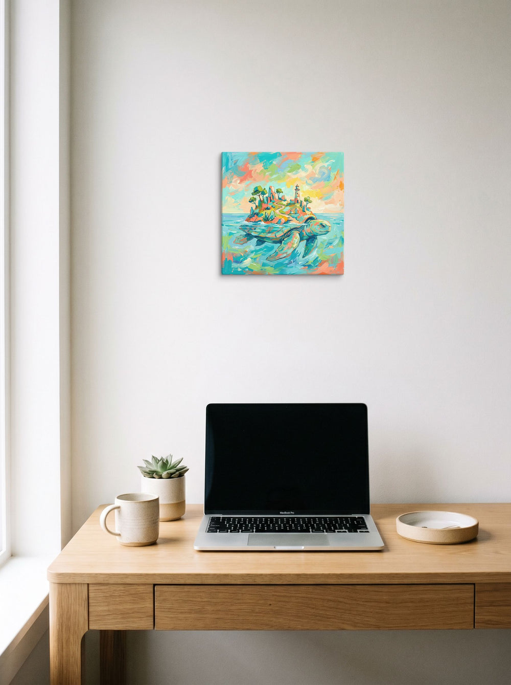 See 'Sanctuary of the World Turtle' as a canvas print (12x12 inch), styled above a home-office workspace.