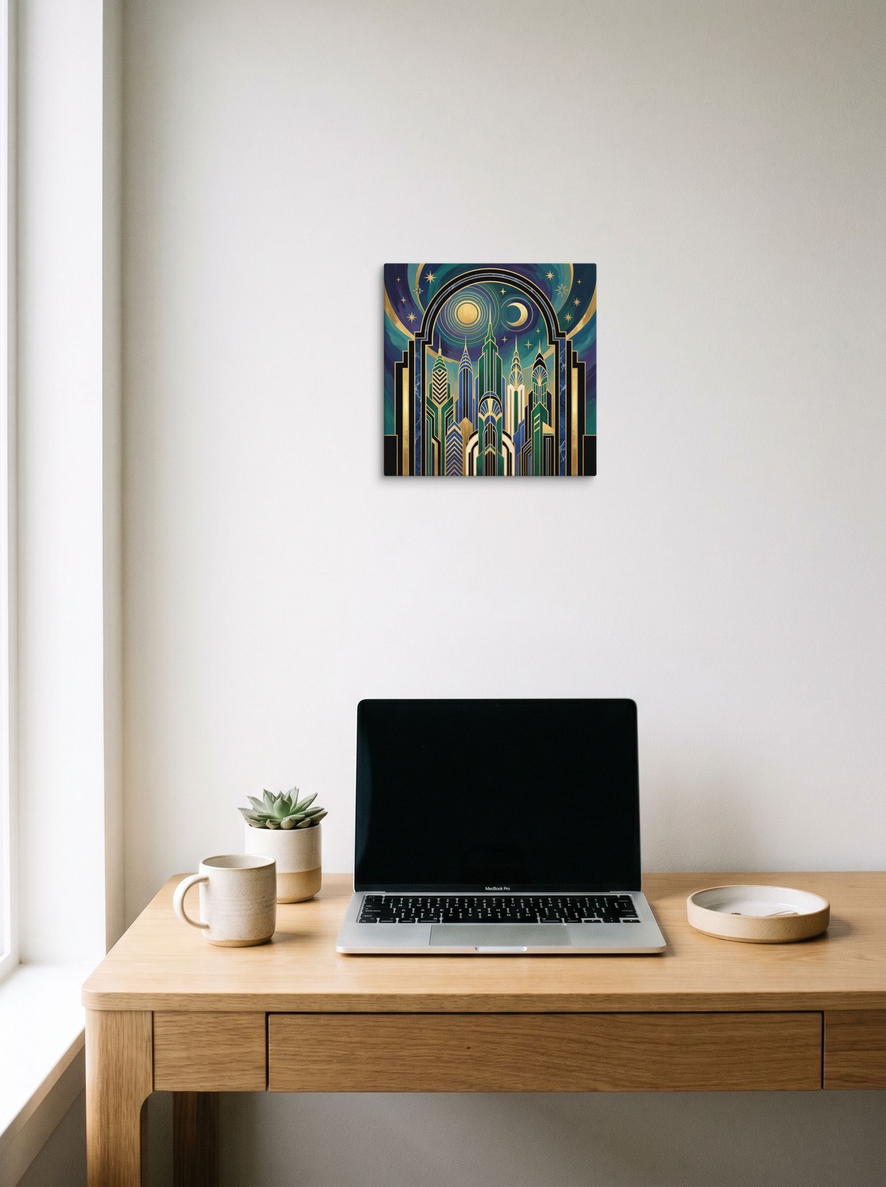 A 12x12 inch canvas Art Deco print of 'Midnight Metropolis' hanging above a worktable with a laptop.