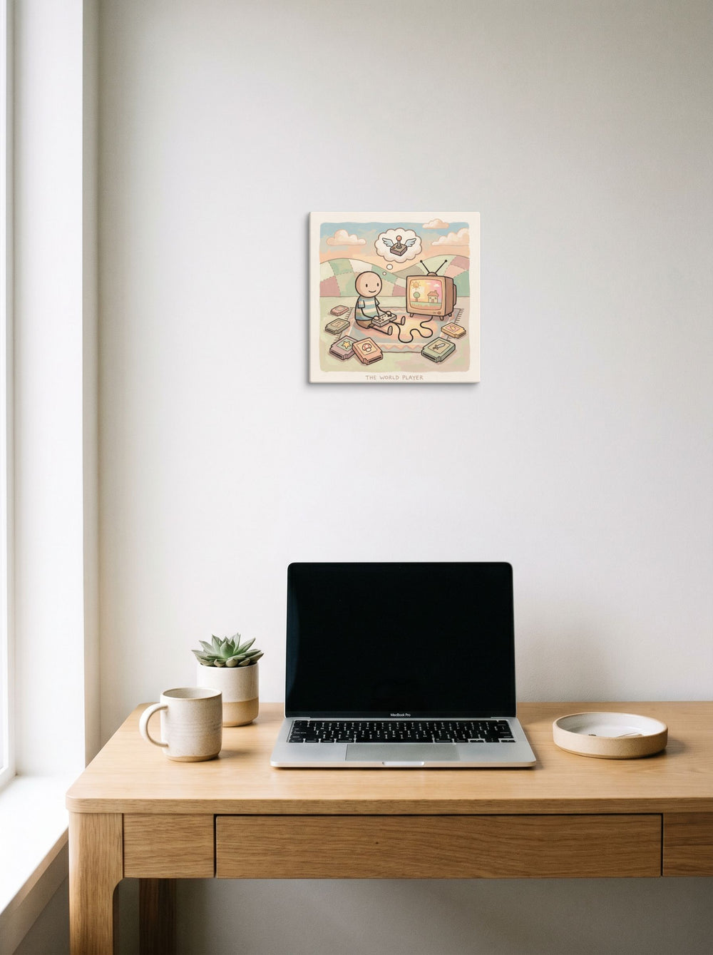 A 12x12 inch canvas Naive art print of 'The World Player' hanging above a worktable with a laptop.