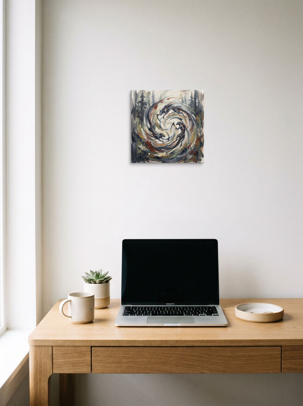 Mockup of 'Kamaitachi Whirlwind' as a 12x12 inch canvas print, styled above a home-office workspace.