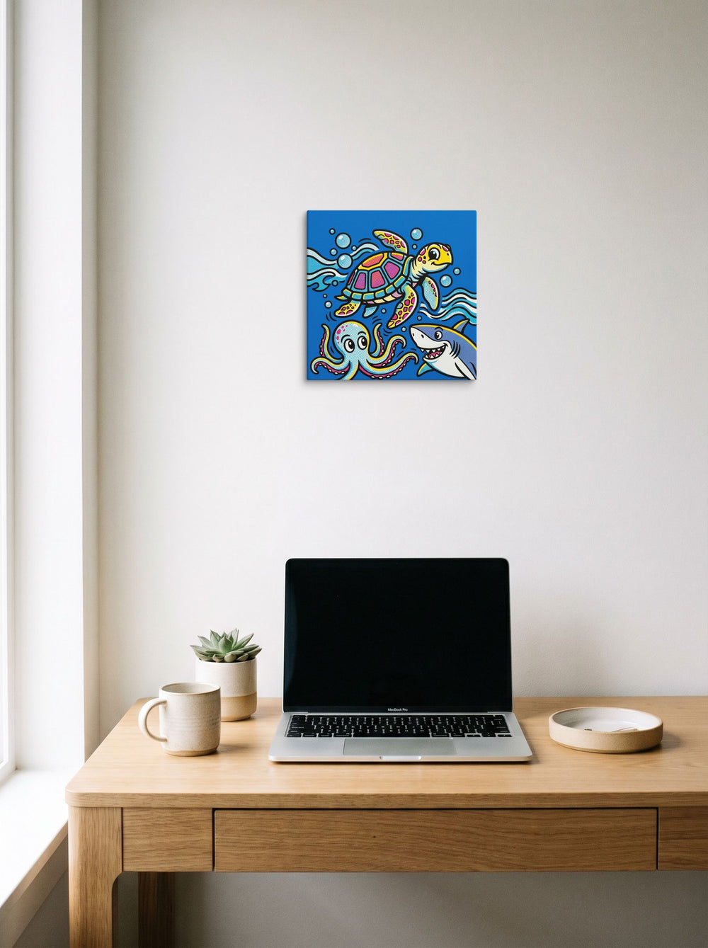 A 12x12 inch canvas Pop art print of 'Ocean Pop Symphony' hanging above a worktable with a laptop.