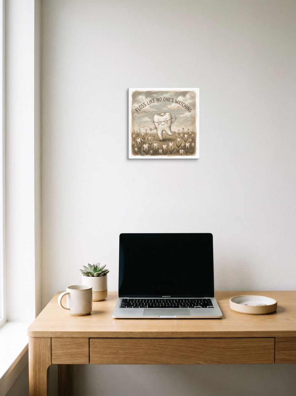 The Digital art print 'Floss Like No One's Watching', 12x12 inch canvas, displayed over a compact desk setup.