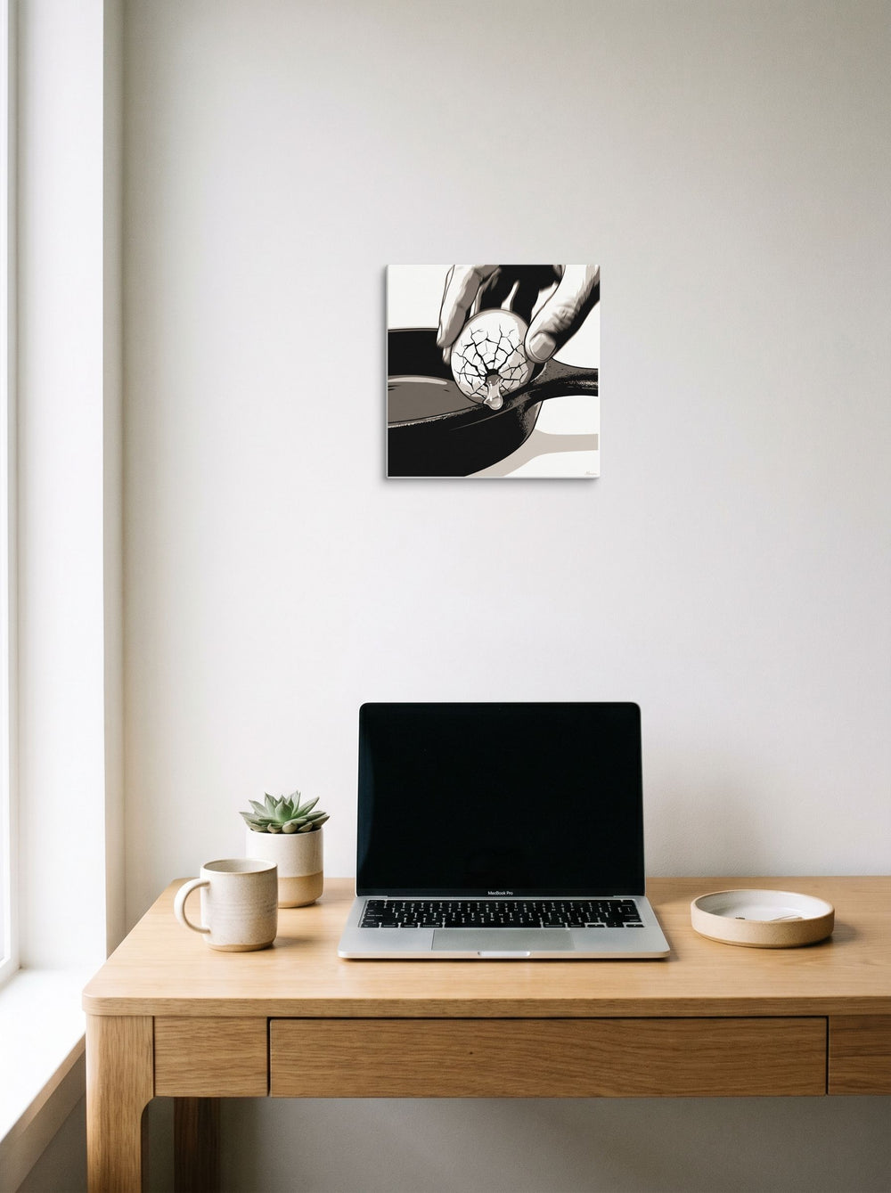 The canvas print 'Cracking the Shell' styled above a home-office workspace, shown at 12x12 inch.