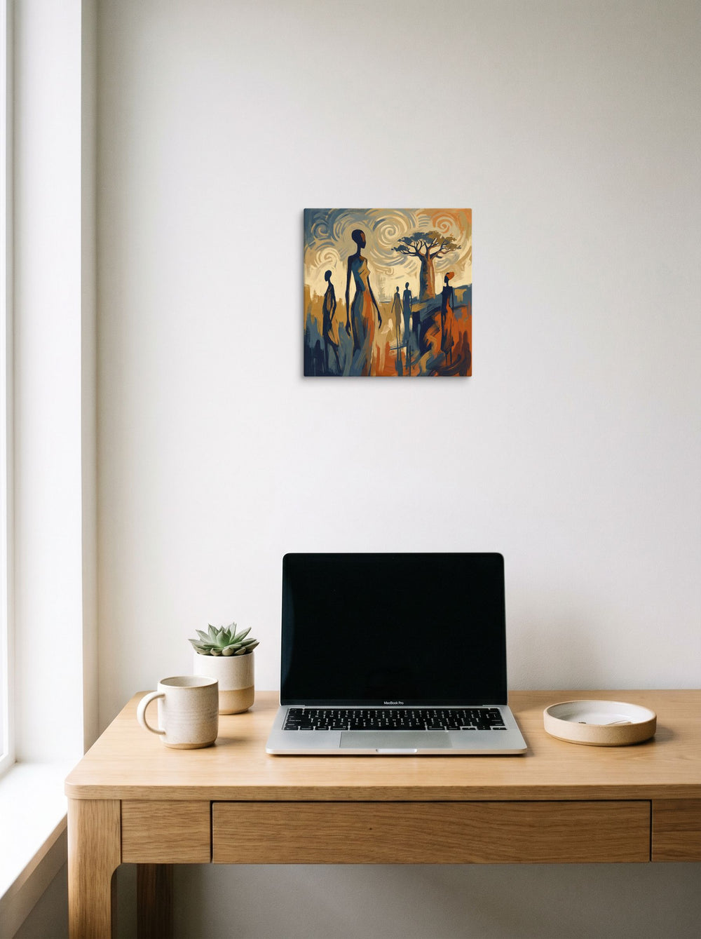 A 12x12 inch canvas Post-Impressionism,Expressionism print of 'Savanna Rhythms' hanging above a worktable with a laptop.