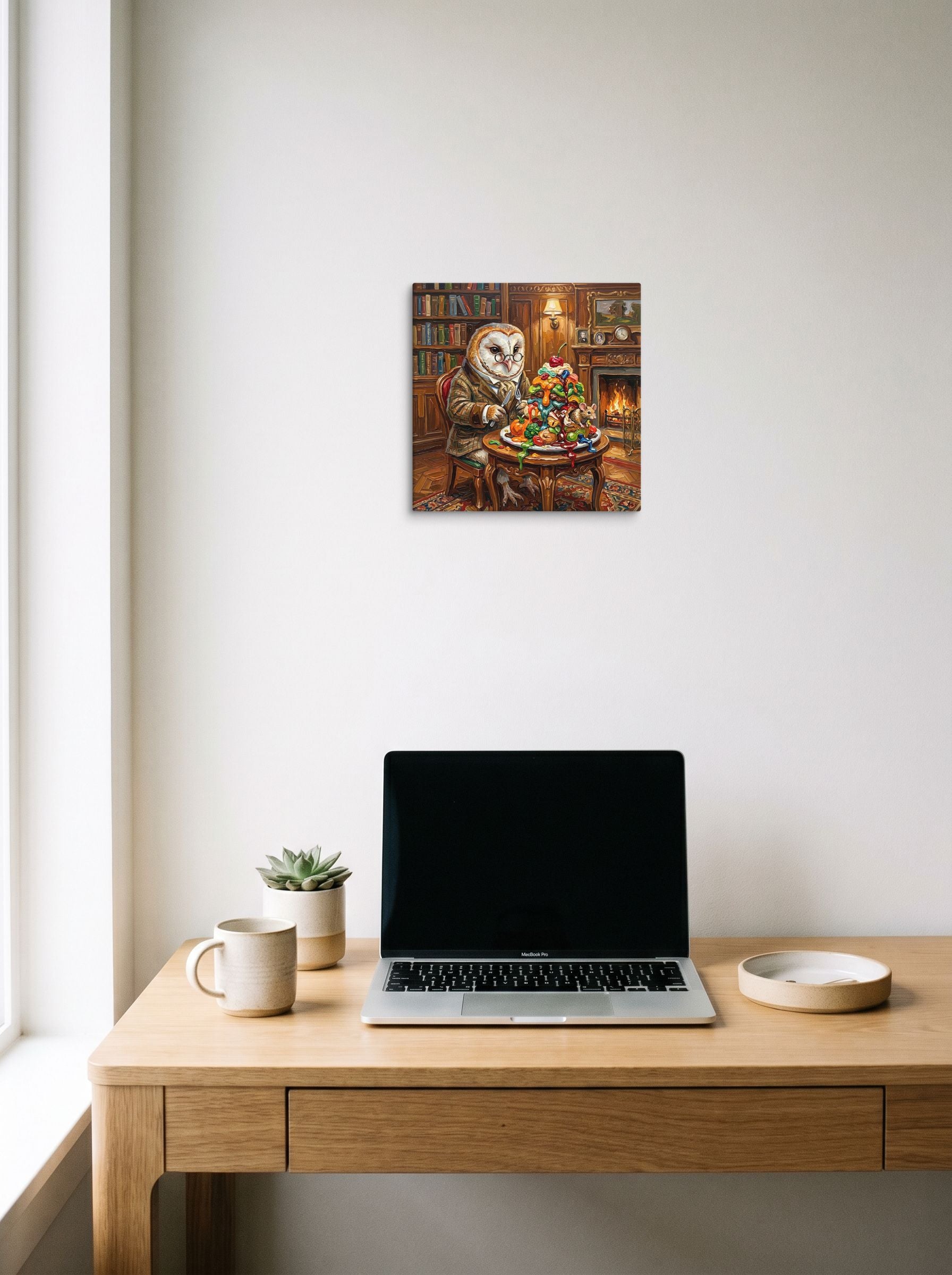 A 12x12 inch canvas Expressionism print of 'Attorney at Paw' hanging above a worktable with a laptop.