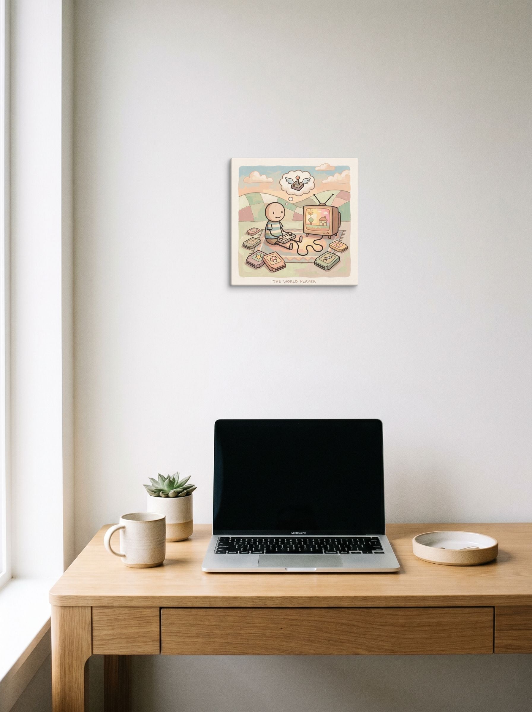 A 12x12 inch canvas Naive art print of 'The World Player' hanging above a worktable with a laptop.