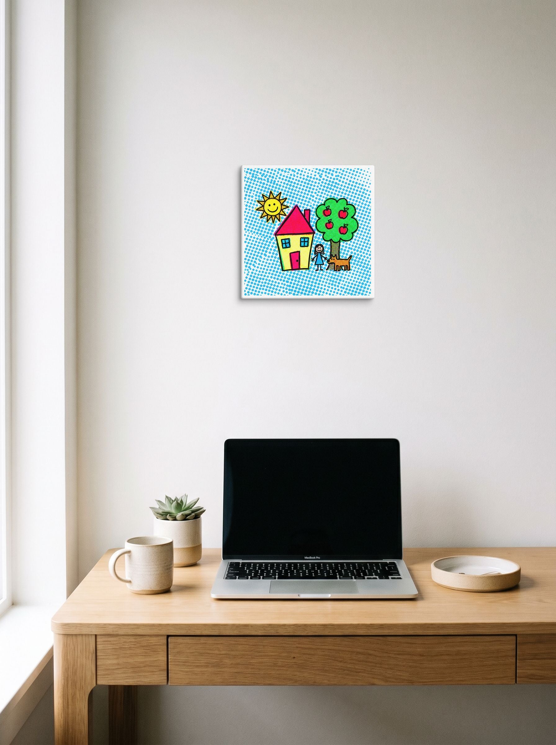 A 12x12 inch canvas Pop art print of 'Halftone Home' hanging above a worktable with a laptop.