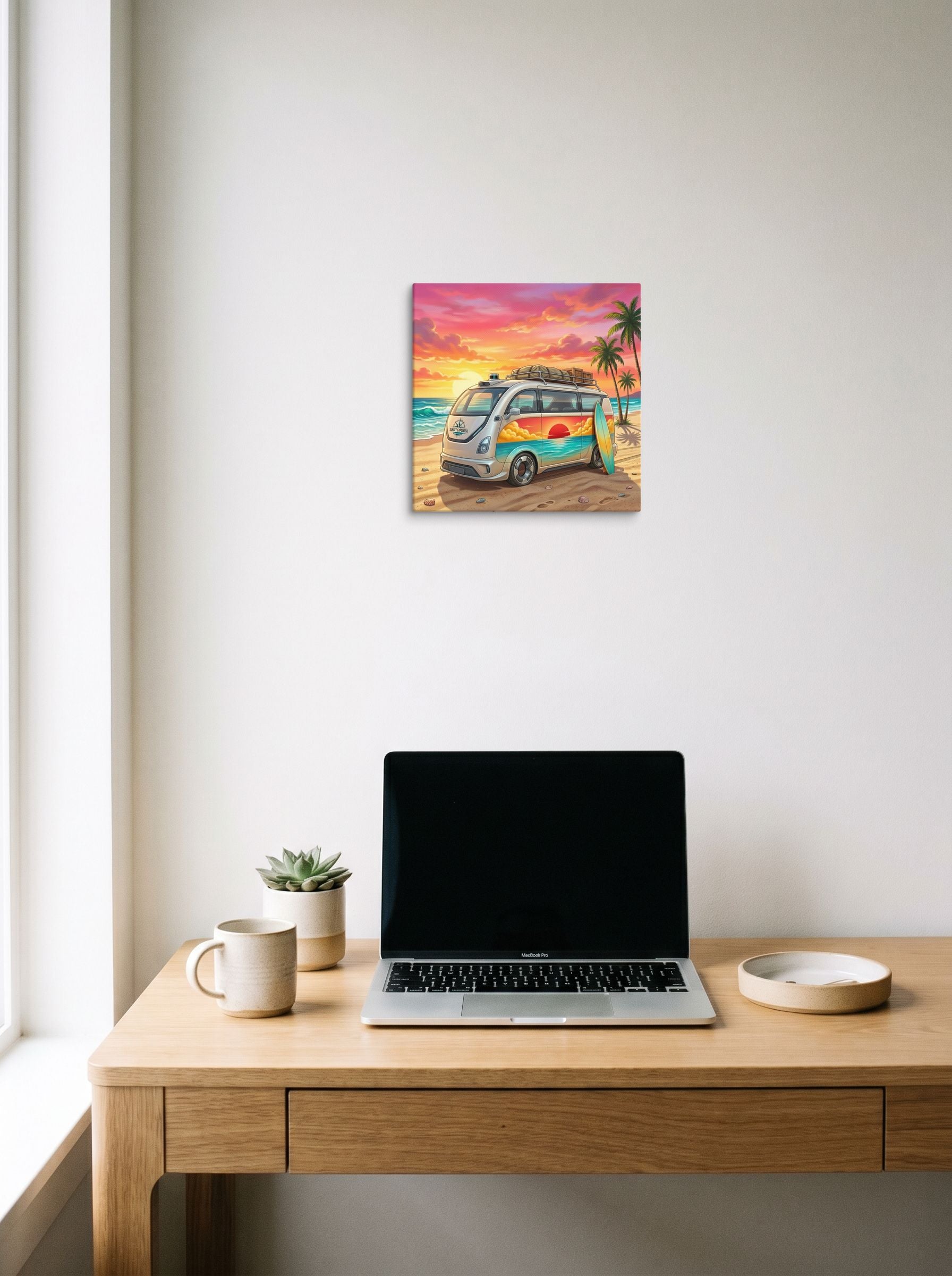 A 12x12 inch canvas Pop art print of 'Endless Summer Van' hanging above a worktable with a laptop.