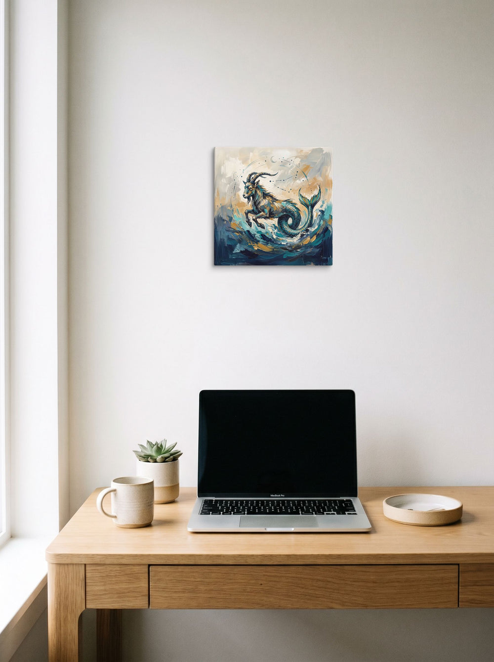See 'Celestial Sea-Goat' as a canvas print (12x12 inch), styled above a home-office workspace.