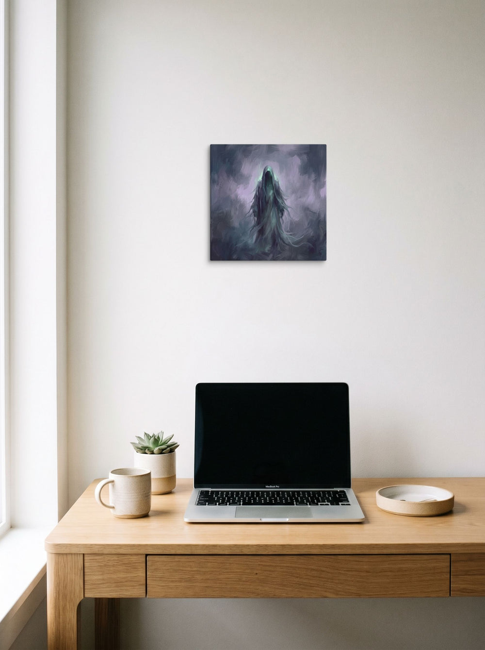 'Phantom of Morpheus' as a canvas print, 12x12 inch, styled above a home-office workspace.