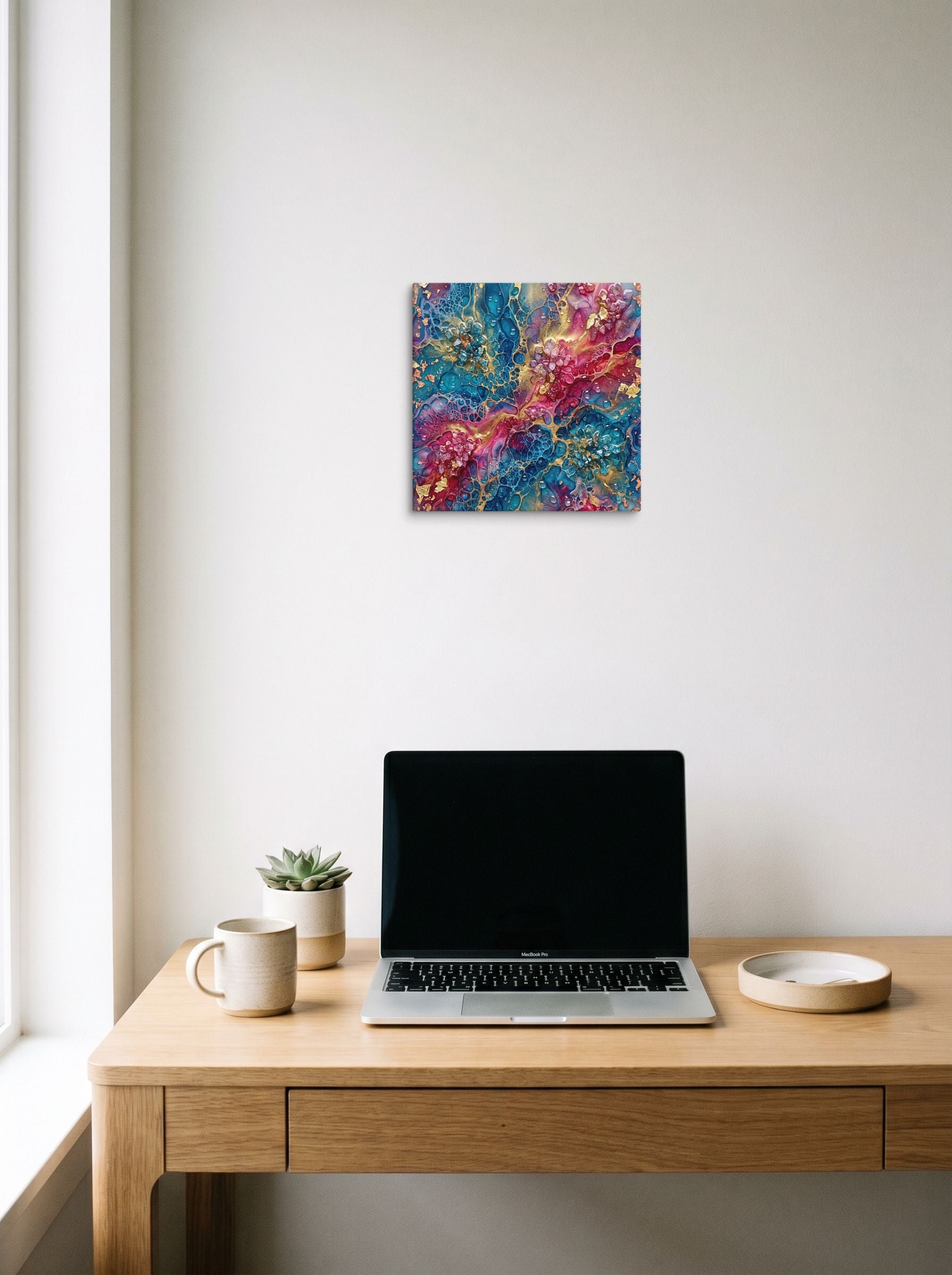 A 12x12 inch canvas Abstract art print of 'Geode Bloom' hanging above a worktable with a laptop.