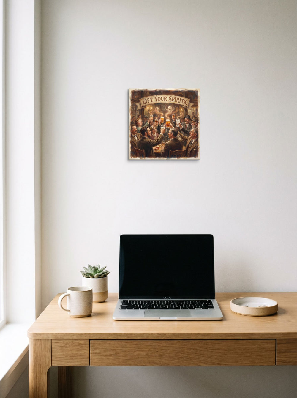 A 12x12 inch canvas Realism print of 'Lift Your Spirits', styled above a home-office workspace.