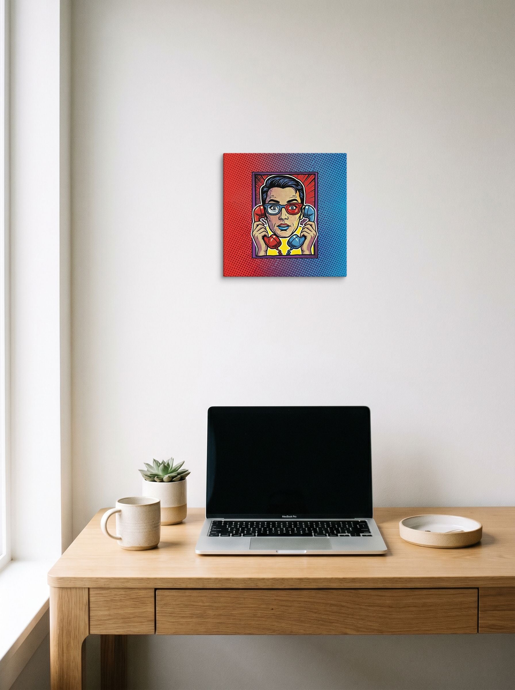 A 12x12 inch canvas Pop art print of 'Bipartisan Static' hanging above a worktable with a laptop.