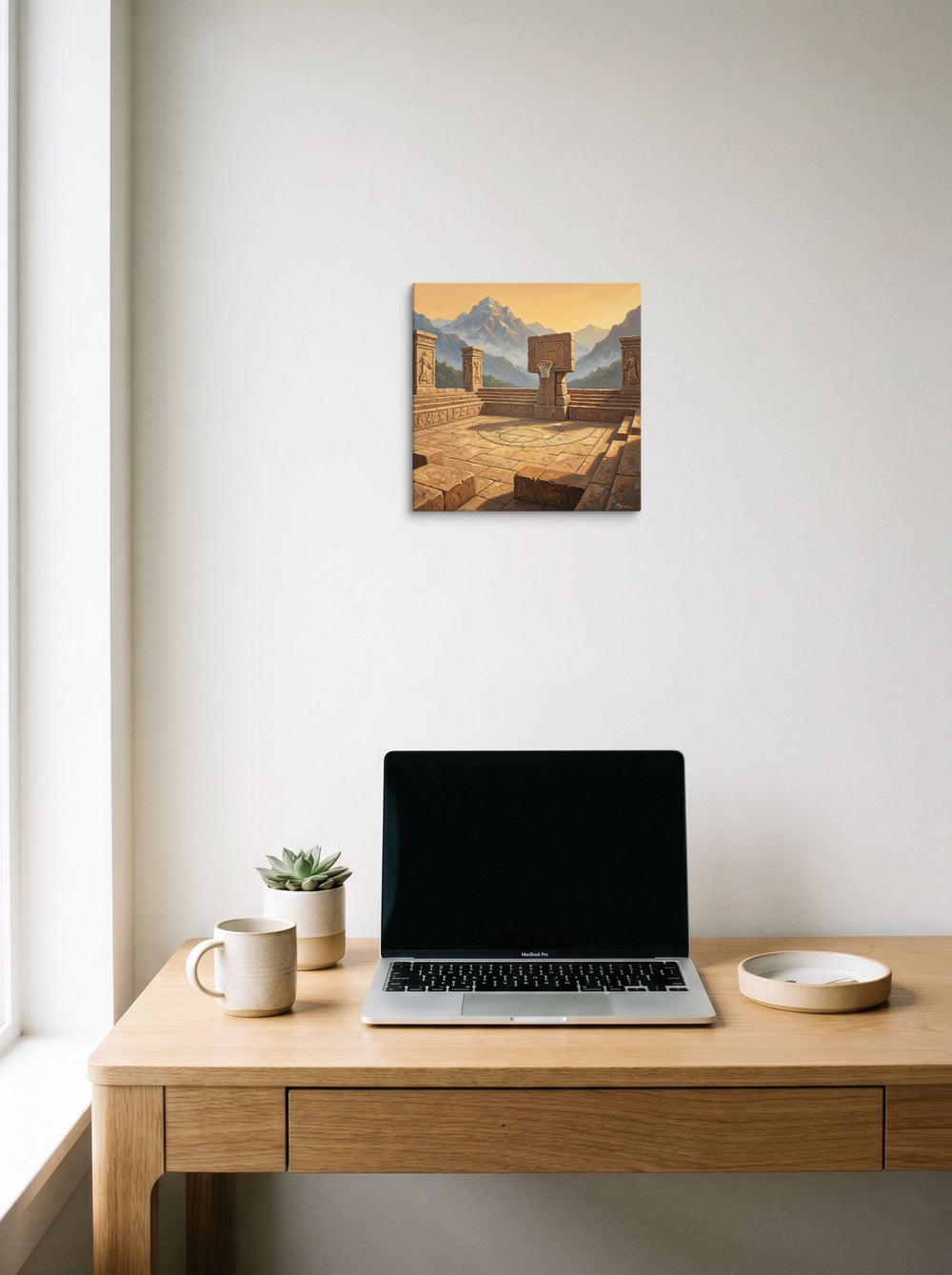 A 12x12 inch canvas Surrealism,Classical Realism print of 'The Ancient Court' hanging above a worktable with a laptop.
