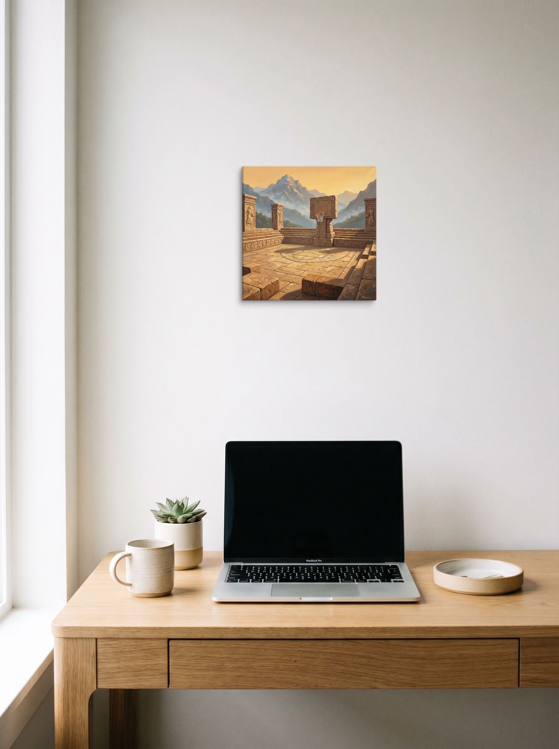 A 12x12 inch canvas Surrealism,Classical Realism print of 'The Ancient Court' hanging above a worktable with a laptop.