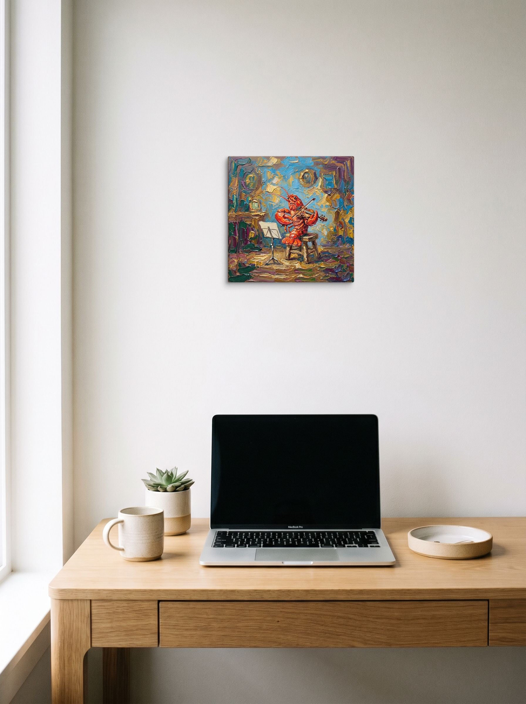 A 12x12 inch canvas Expressionism print of 'The Maestro of the Deep' hanging above a worktable with a laptop.