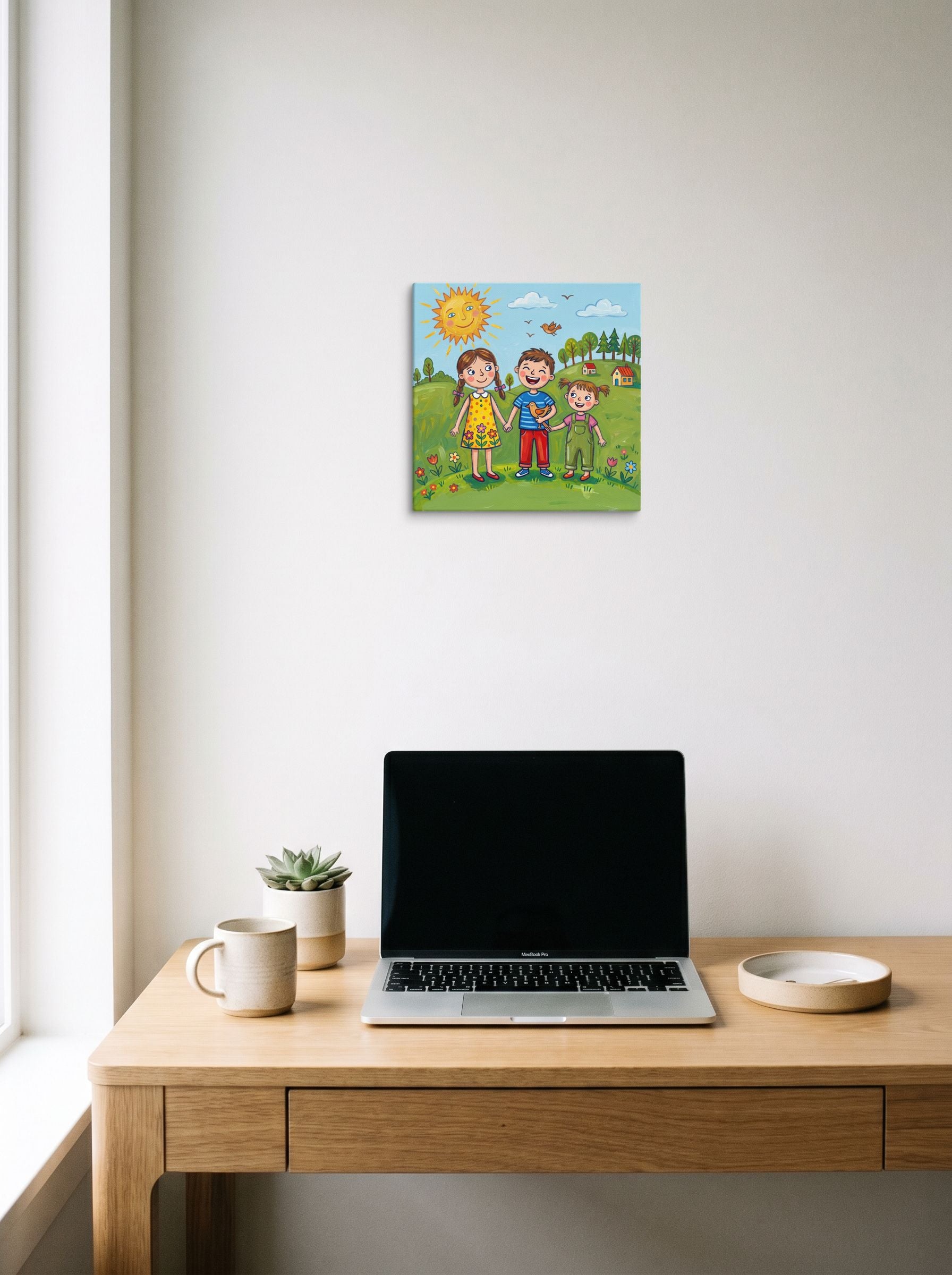A 12x12 inch canvas Naive art print of 'Friends in the Sun' hanging above a worktable with a laptop.