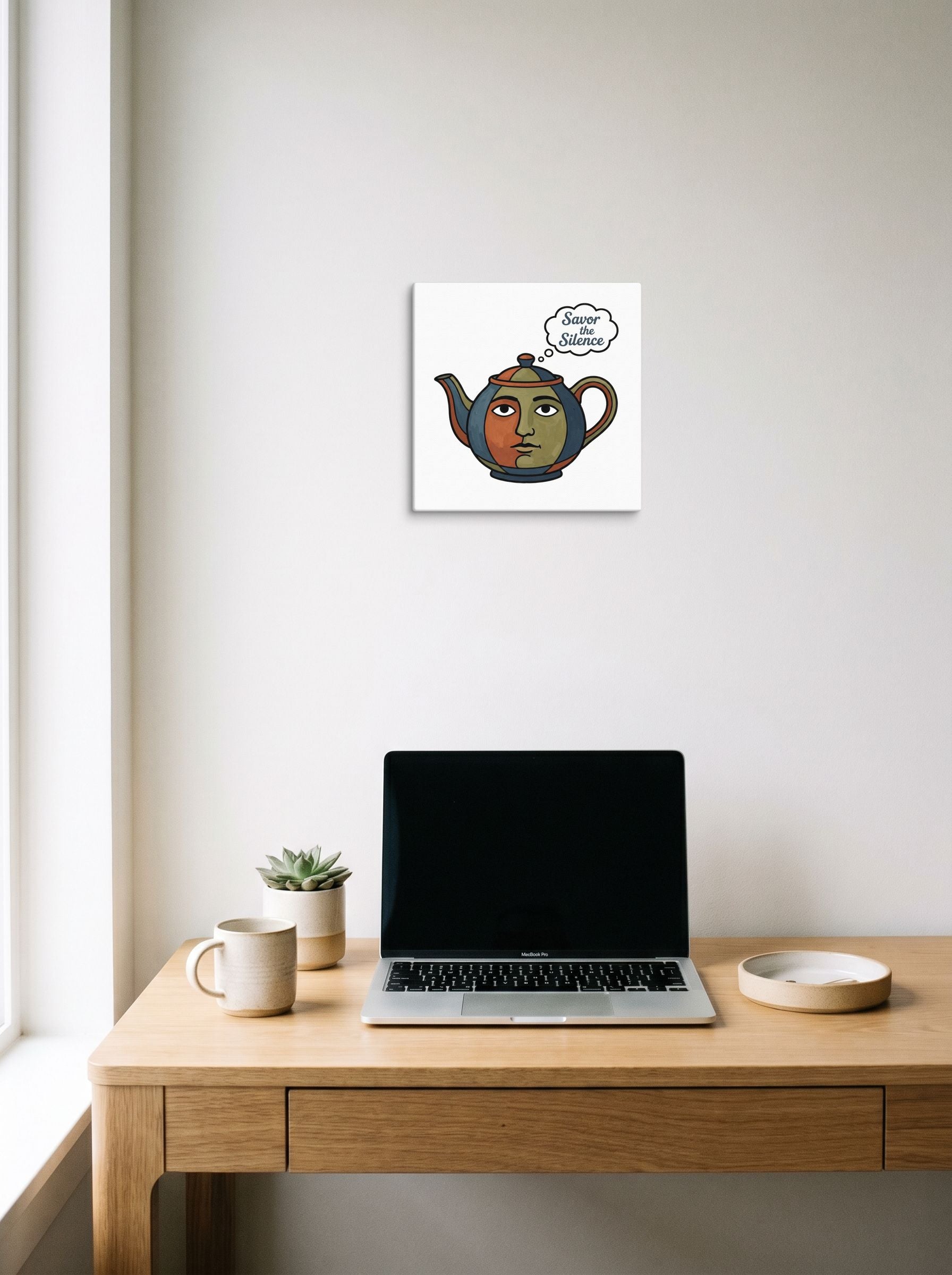 A 12x12 inch canvas Cloisonnism,Pop art,Surrealism print of 'Savor the Silence' hanging above a worktable with a laptop.