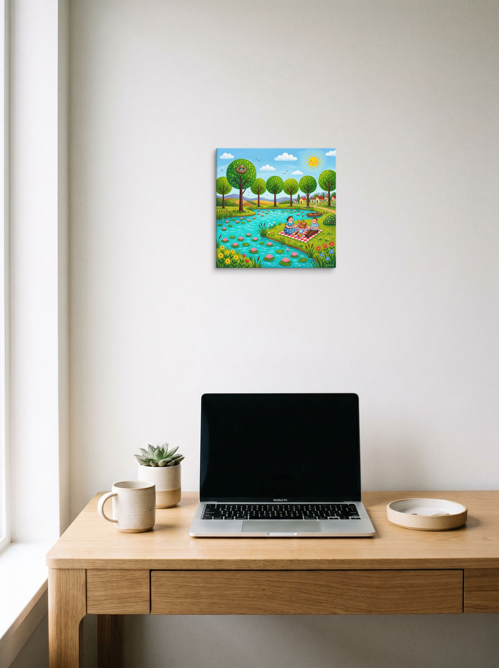 The Naive art print 'Lakeside Picnic', 12x12 inch canvas, displayed over a compact desk setup.
